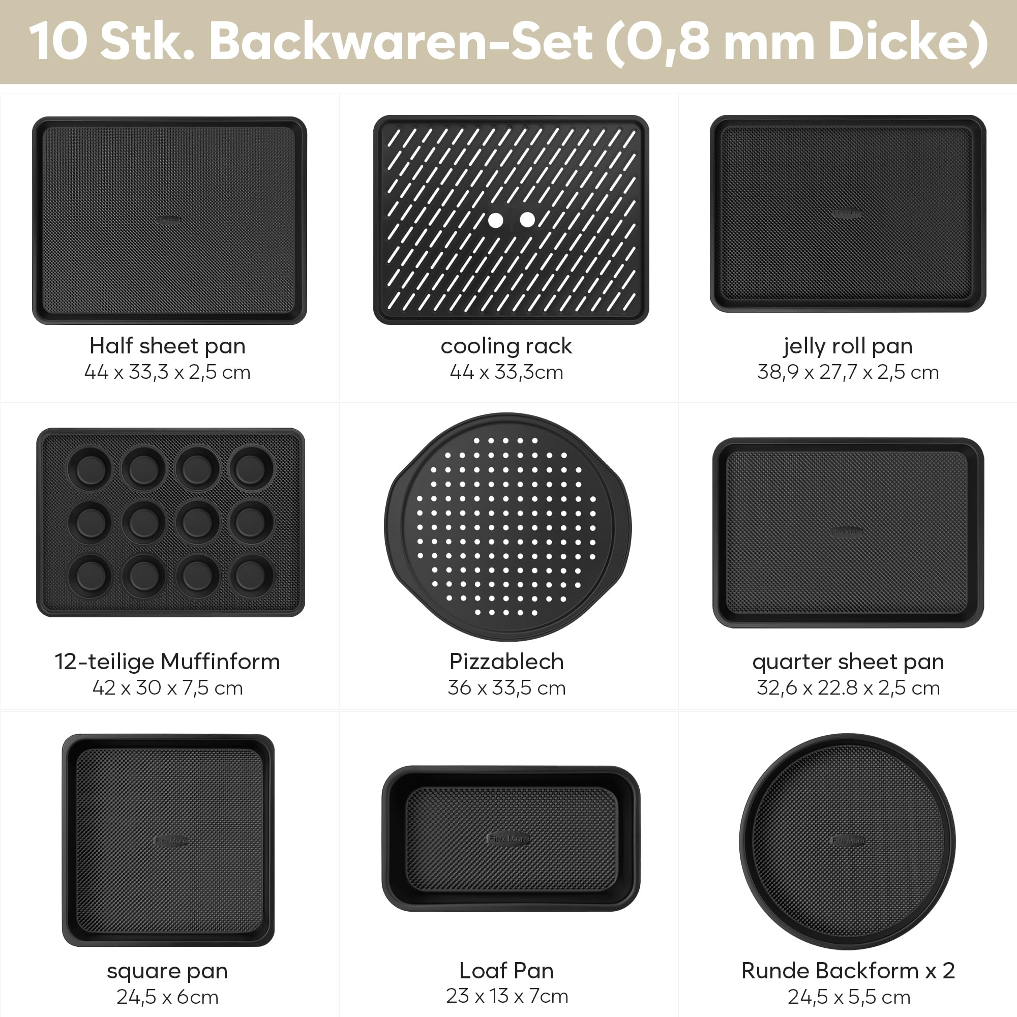 Fire More 10-teiliges Backset, 0,8 mm Dicke Antihaft-Backformen Set mit Backblech, Abkühlgitter, Muffinform, Runder/Eckiger Kuchenform, Pizzablech, Stapelbar & Platzsparend