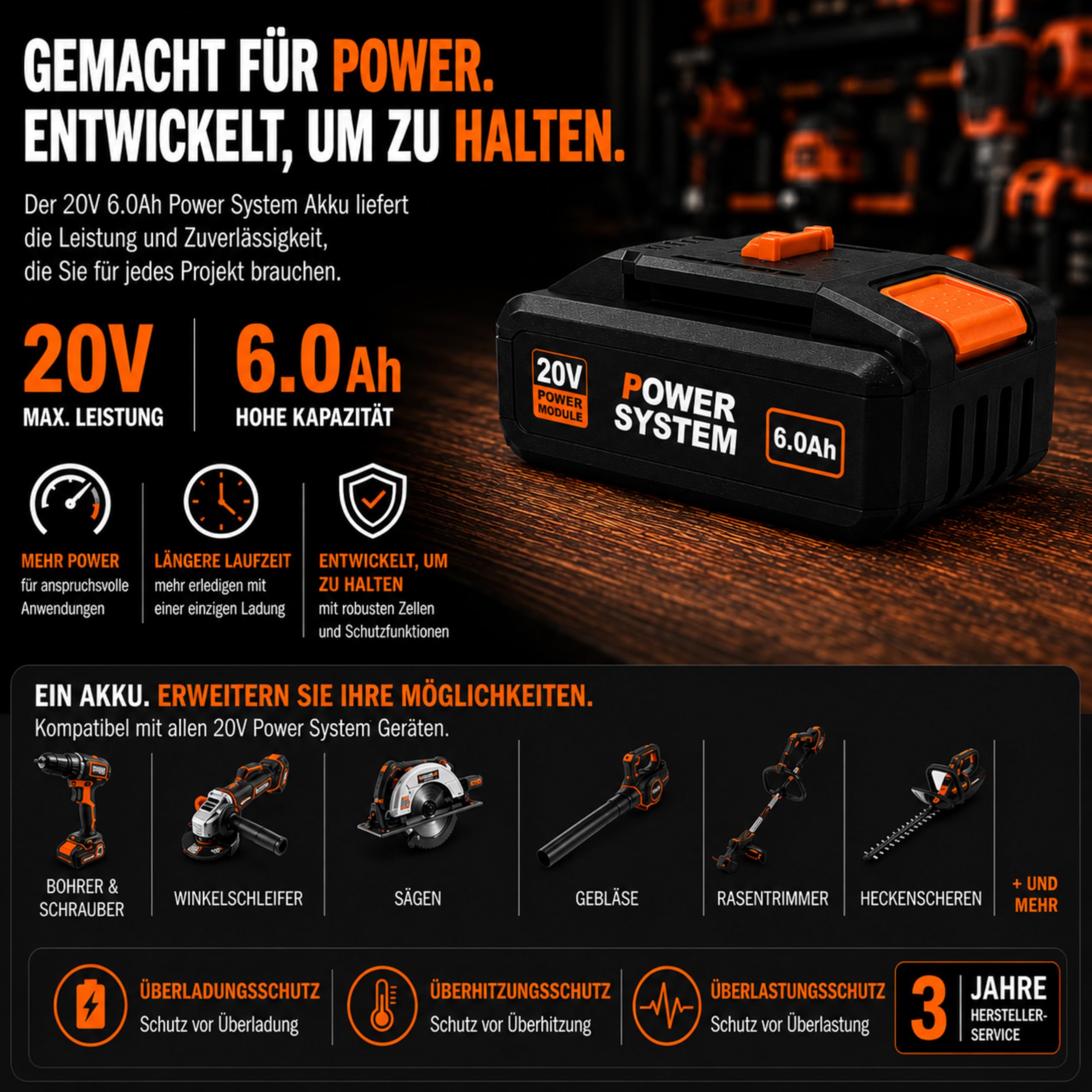 Batería de repuesto de 20 V 6,0 Ah compatible con sistema Worx PowerShare, batería de ion de litio con indicador LED, alto rendimiento y larga duración