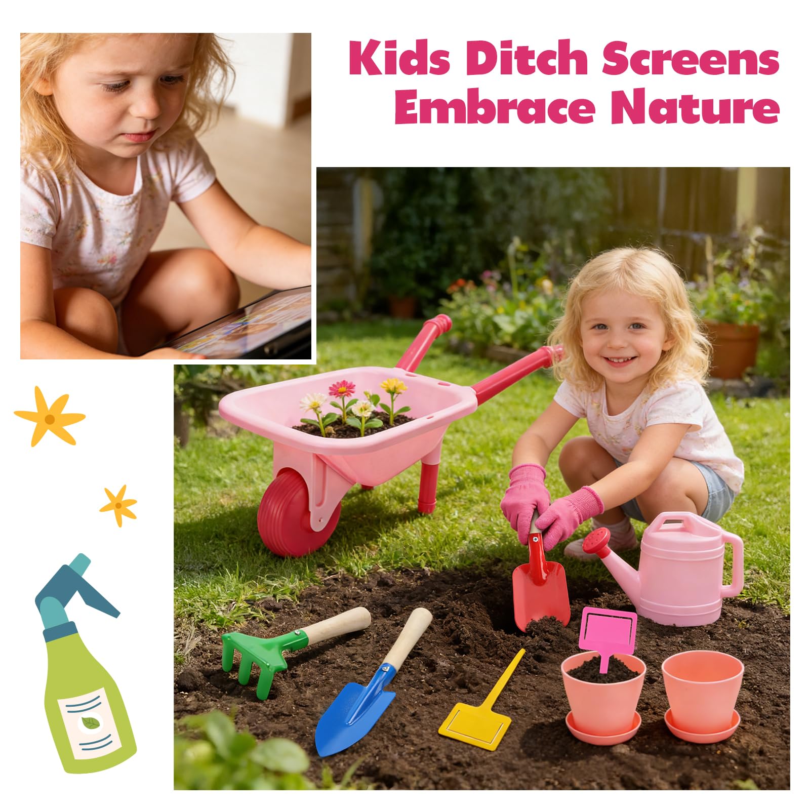 CUTE STONE Set di attrezzi da giardino per bambini, carriola rosa, giocattolo da giardino, con annaffiatoio, guanti, rastrello, pala, cazzuola, set da gioco per bambini dai 3 anni in su (rosa)