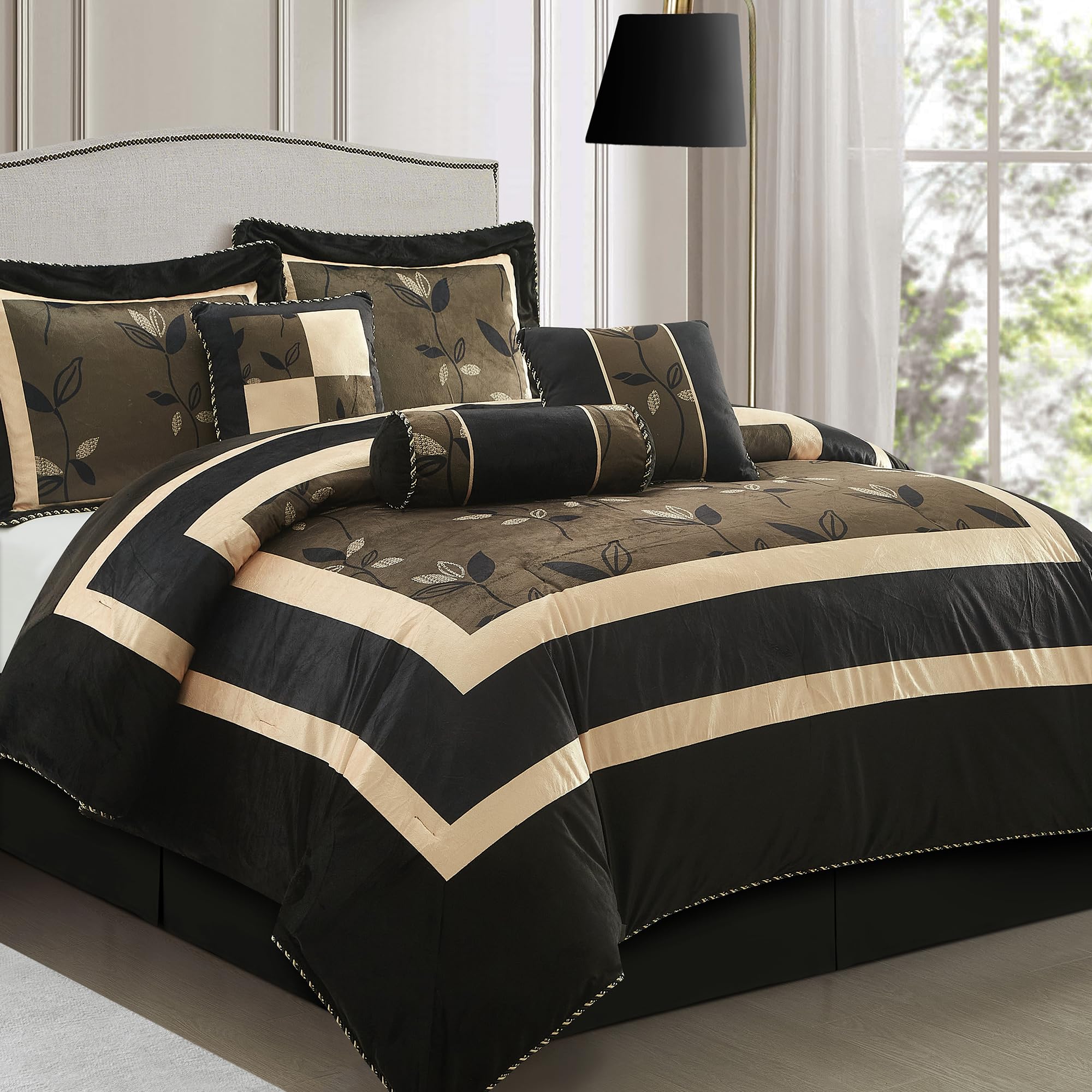 LANCO MODERN LIFESTYLE Black and Gold Comforter Set, King, Short Plush Print with Leaves Pattern, Ultra Soft, 7 Piece Bedding Set, Bed in a Bag,