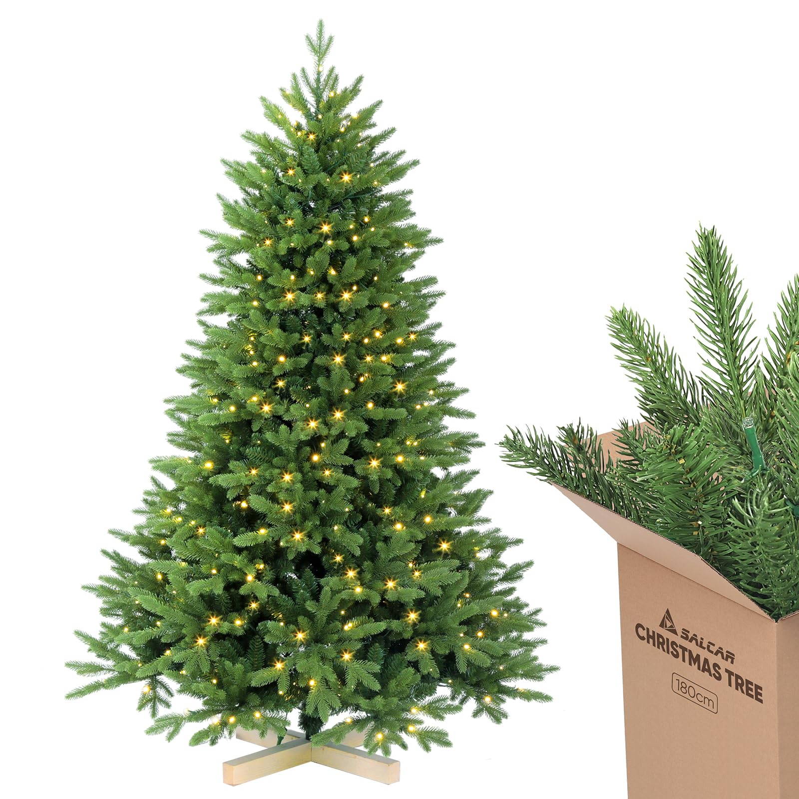 Amazon.de: SALCAR Knstlicher Weihnachtsbaum 180 cm mit Warm  LED-Beleuchtung und Holzstnder, PE-Spritzguss und PVC Tannenbaum ( ca.  120 cm) mit Schnellaufbau-Klappsystem