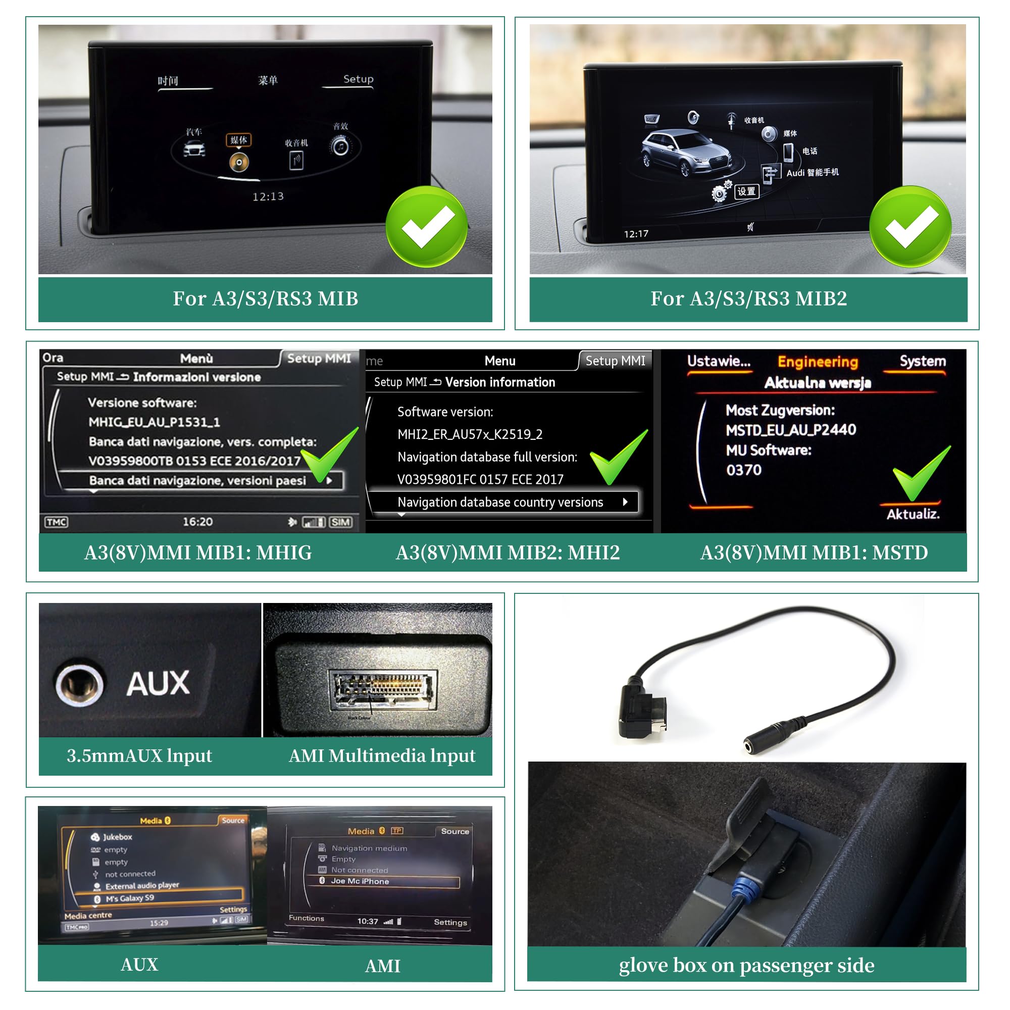 Aktualizacja ekranu Linux 25.0 cm do Audi A3 S3 RS3 8V MIB1 MIB2, Wireless CarPlay i Android Auto, lustrzanie ekranu, kamer samochodowych