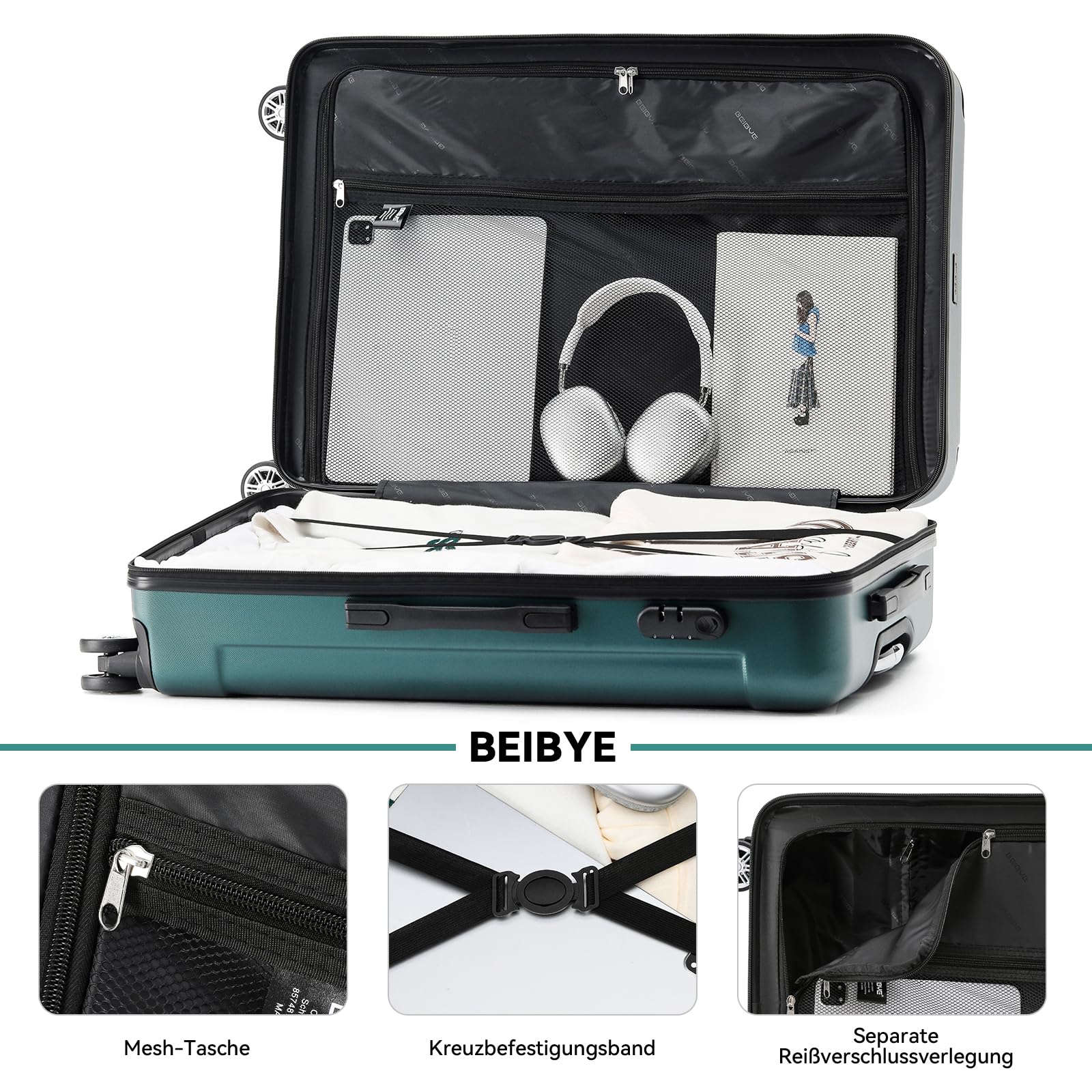 BEIBYE Zwillingsrollen Hardcase Reisekoffer Koffer Trolleys Hartschale in XL-L-M in 14 Farben (Dunkelgrün, Handgepäck (55cm))