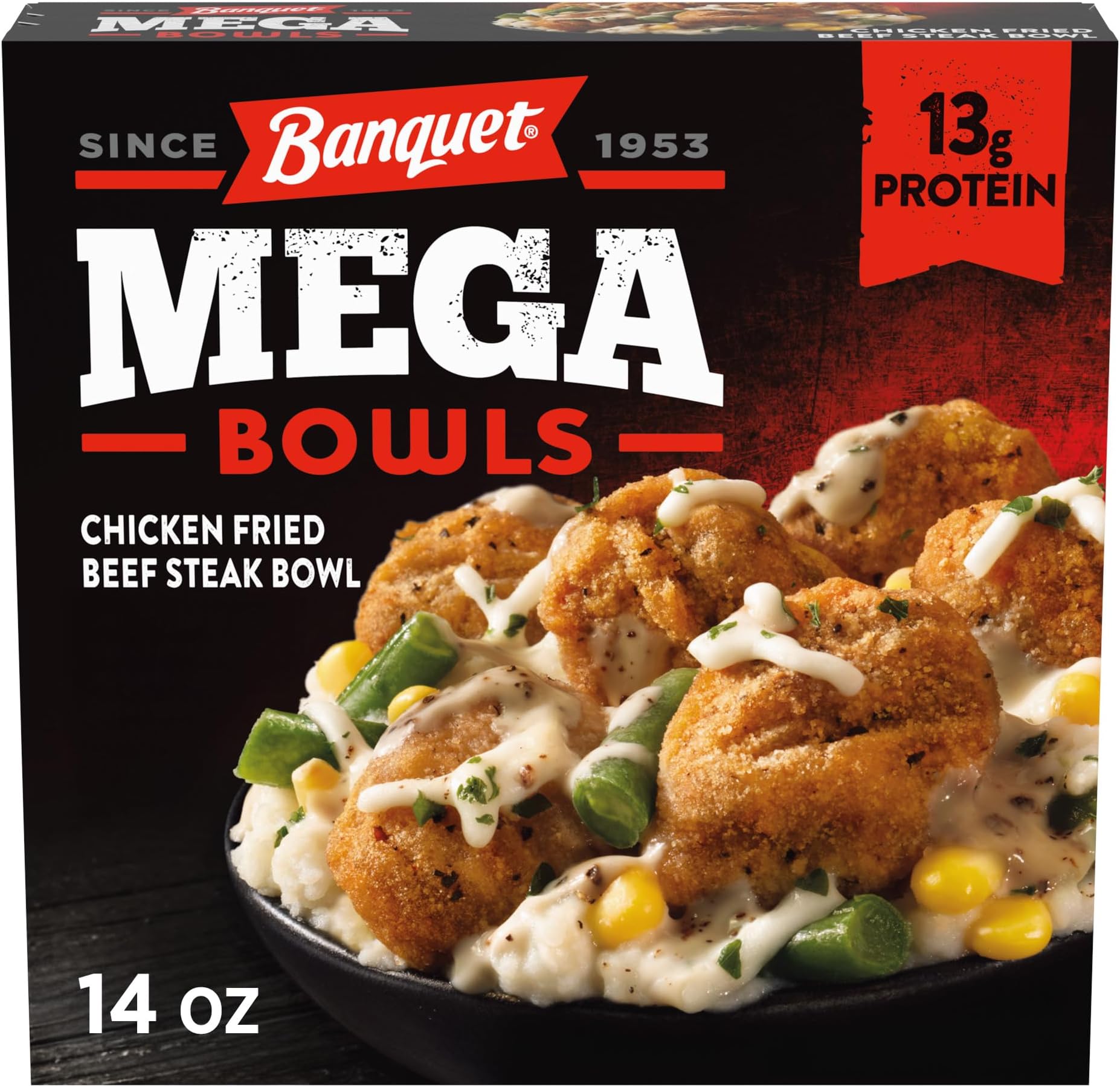 Banquet Mega Bowls Chicken Fried Beef Steak, Frozen Meal, 14 OZ
