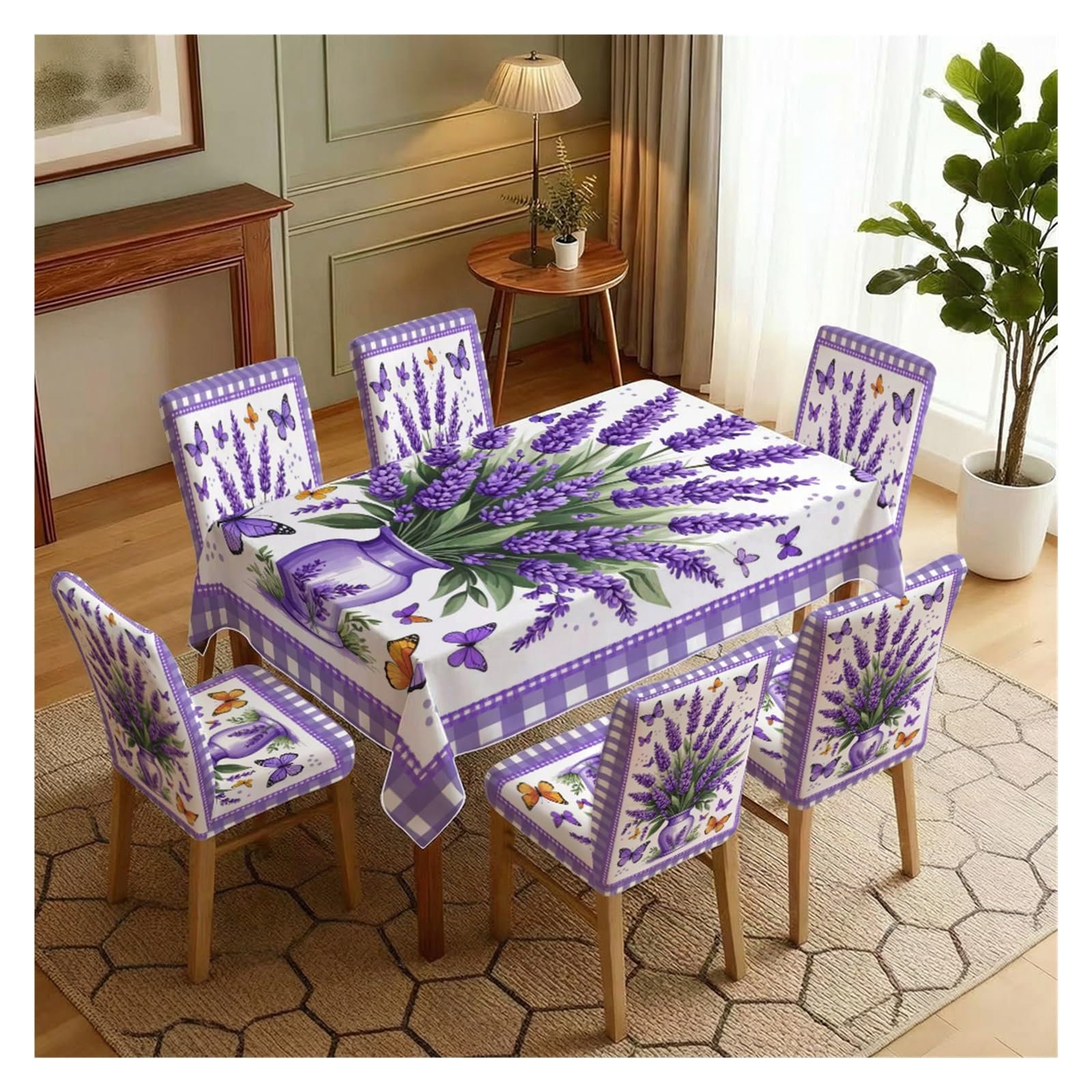 KXUAUV Lavender & Butterfly Print Stretch Dining Chair Covers & Tablecloth Set, 5/7 Pack Party Decor(7pcs Set: Tablecloth+Chair Covers)