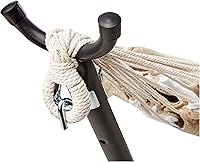 Vista 4 de Yaxa Basics Hamaca doble con soporte de acero de 9 pies que ahorra espacio y funda de transporte, 2 personas, capacidad de 450 libras, rayas beige