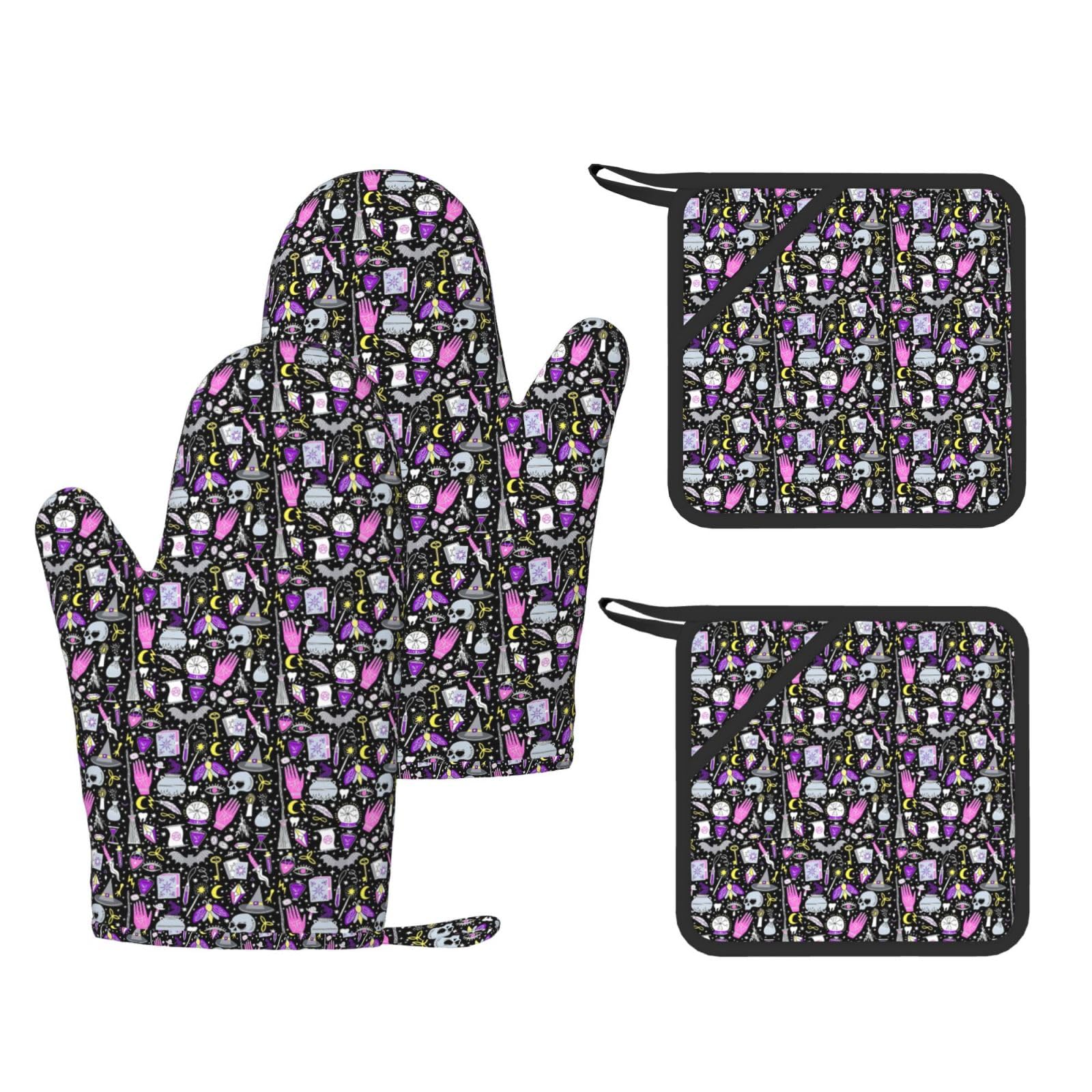 Nimongt Black Magic Witch Witchcraft Bohemian Drawing Print Heat Resistant Gloves Pads Reusable Kitchen Set Oven Baking Grilling Cooking