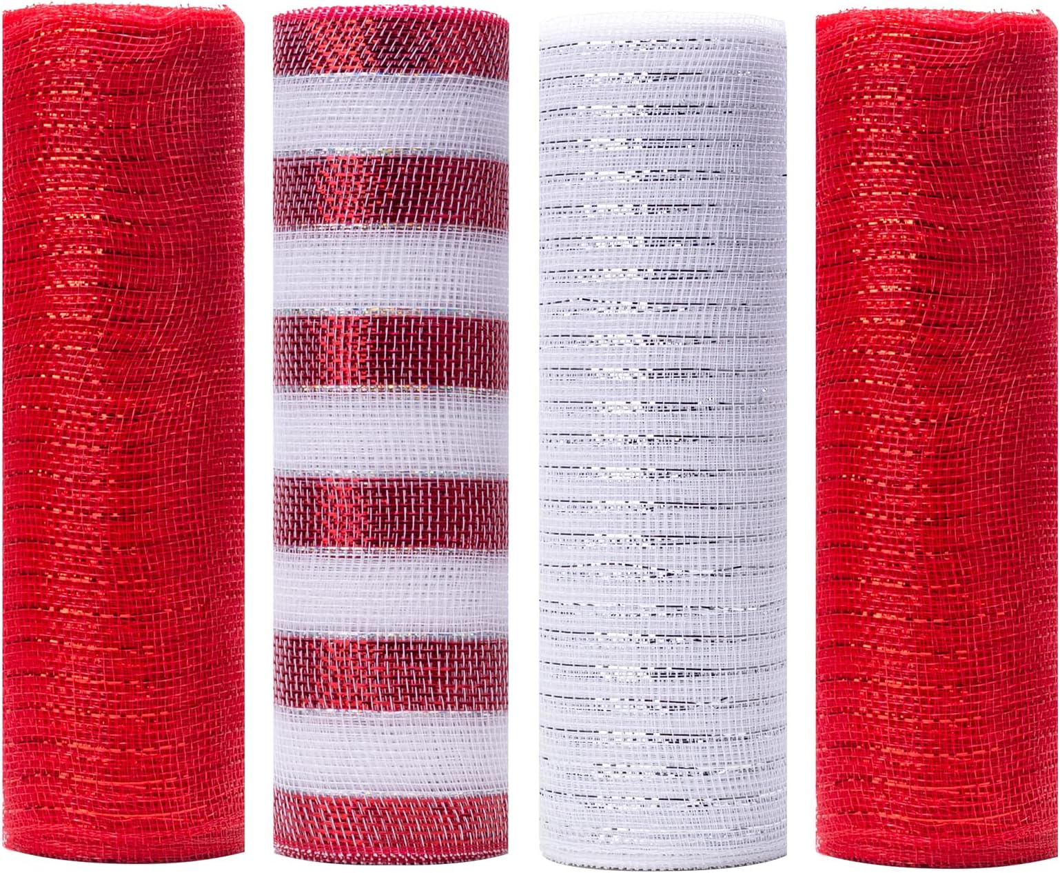 4 Rolls Deco Mesh Rolls, 10 Inch x 10 Yards Deco Mesh Rolls for Wreath Making, Deco Mesh Rolls Decomesh, Metallic Foil Poly Mesh for DIY Crafts, Fall Decor, Swag, Garland (Red, White)