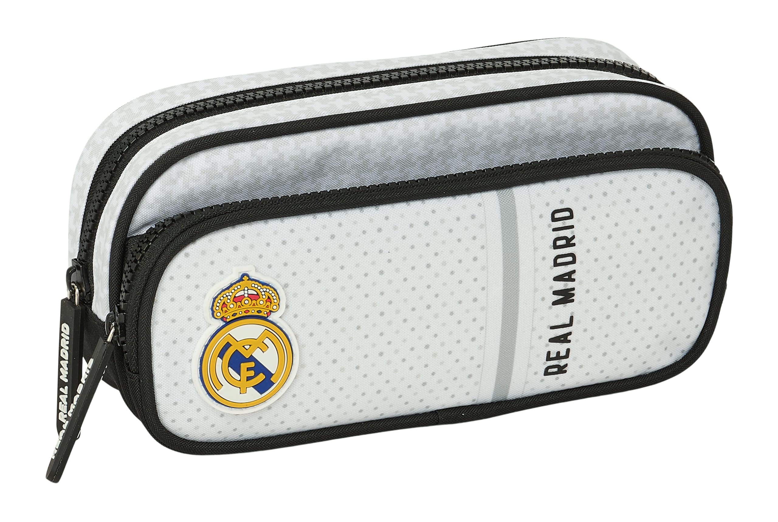 REAL MADRID 1ª EQUIPACIÓN 24/25 - Portatodo con Bolsillo, Estuche Infantil, Estuche Niño, Ideal para Niños en Edad Escolar, Cómodo y Versátil, Calidad y Resistencia, 21x6x10.5 cm, Color Blanco/gris
