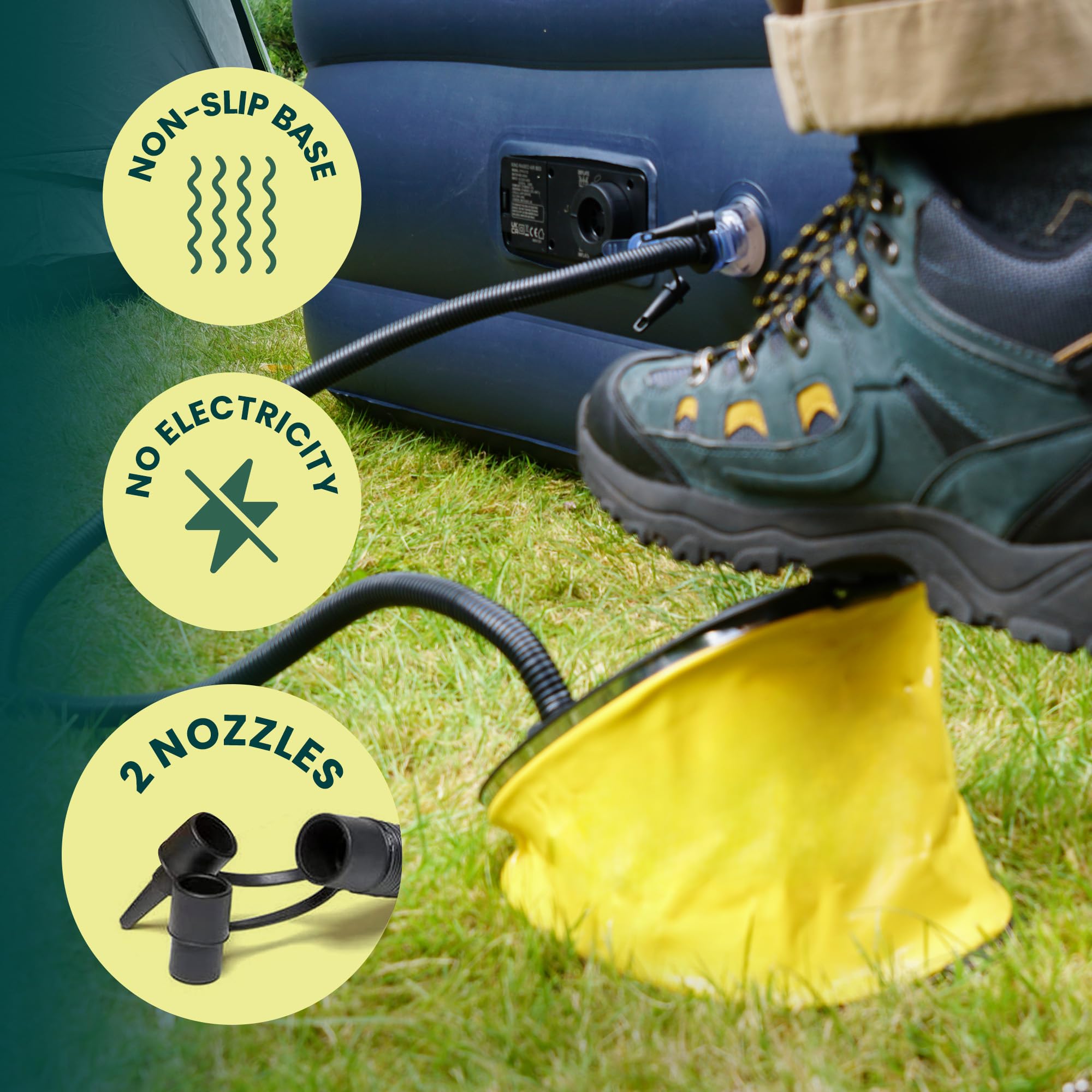 GREEN HAVEN Potente pompa a pedale da 5 litri – Pompa manuale leggera per letto ad aria, compatta per gonfiabili con 2 ugelli, robusta pompa per materasso ad aria per tutti i gonfiabili