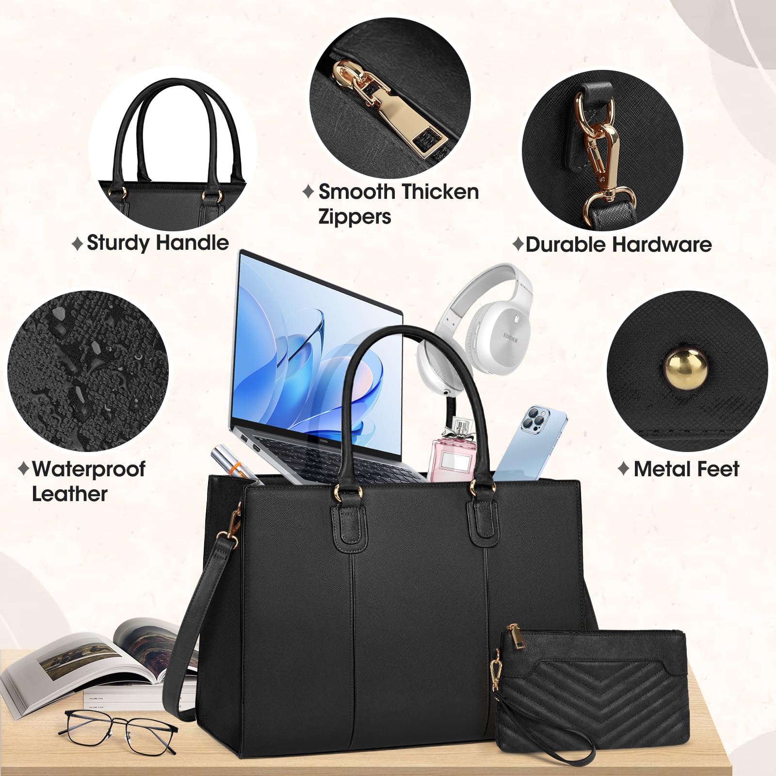 NEWHEY Handtasche Damen 15,6 Zoll Shopper Tote PU Leder Laptoptasche Aktentasche