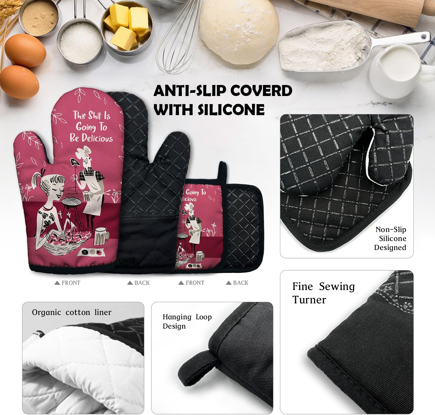 ZHANTUONE This Sxxt is Going to be Delicious Funny Heat Resistant Oven Mitts and Pot Holders Set with Silicone Non-Slip, Retro Adult Humor Cooking Baking BBQ Gadgets, Gifts for Chef Bakers Wife BFF - Image 3