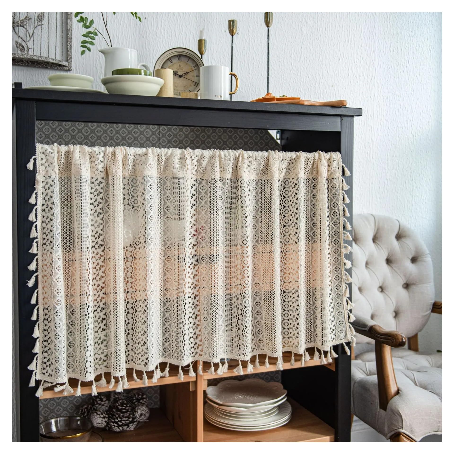 LNNXSZ Short Curtains Tassels Beige Crochet Yarn Cotton Half Curtains Sheer Short Lace Translucent Kitchen Cabinet Decorative(150x60cm)