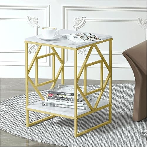 Mesa auxiliar auxiliar cuadrada de mármol con metal e 2 niveles, mesa auxiliar blanca moderna de 16 pulgadas, bandeja de café para sala de estar,