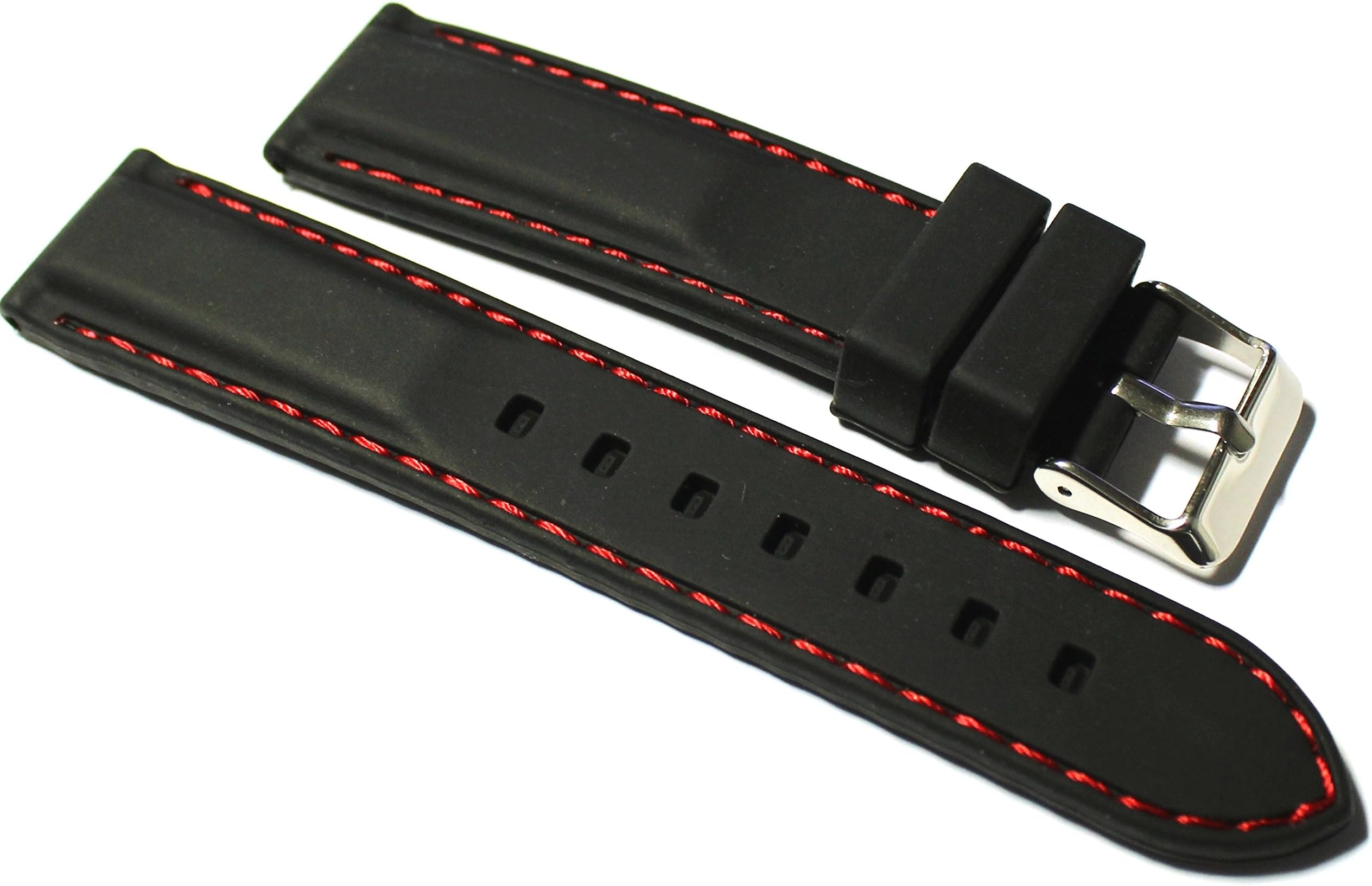 22mm Black Silicone Rubber Watch Strap with Red Stitch