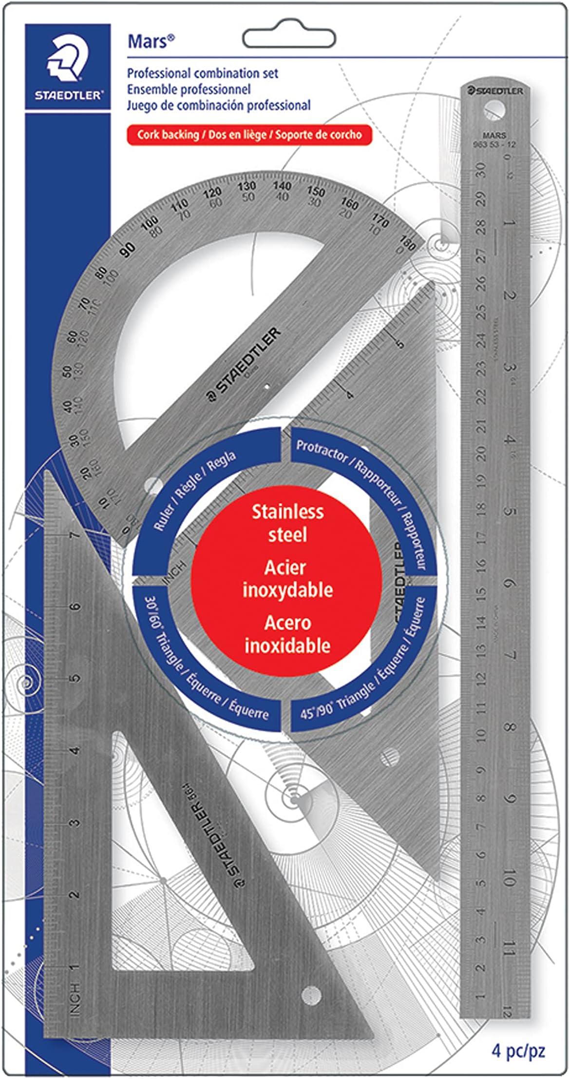 STAEDTLER Stainless Steel Math Set - With 12in Ruler, 2 Triangle Set Squares (45/90° & 30/60°), 6in Protractor - Precision Drawing & Drafting