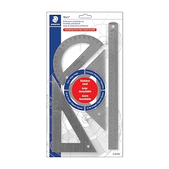 STAEDTLER Stainless Steel Math Set - With 12in Ruler, 2 Triangle Set Squares 45/90 & 30/60, 6in Protractor - Precision Drawing & Drafting