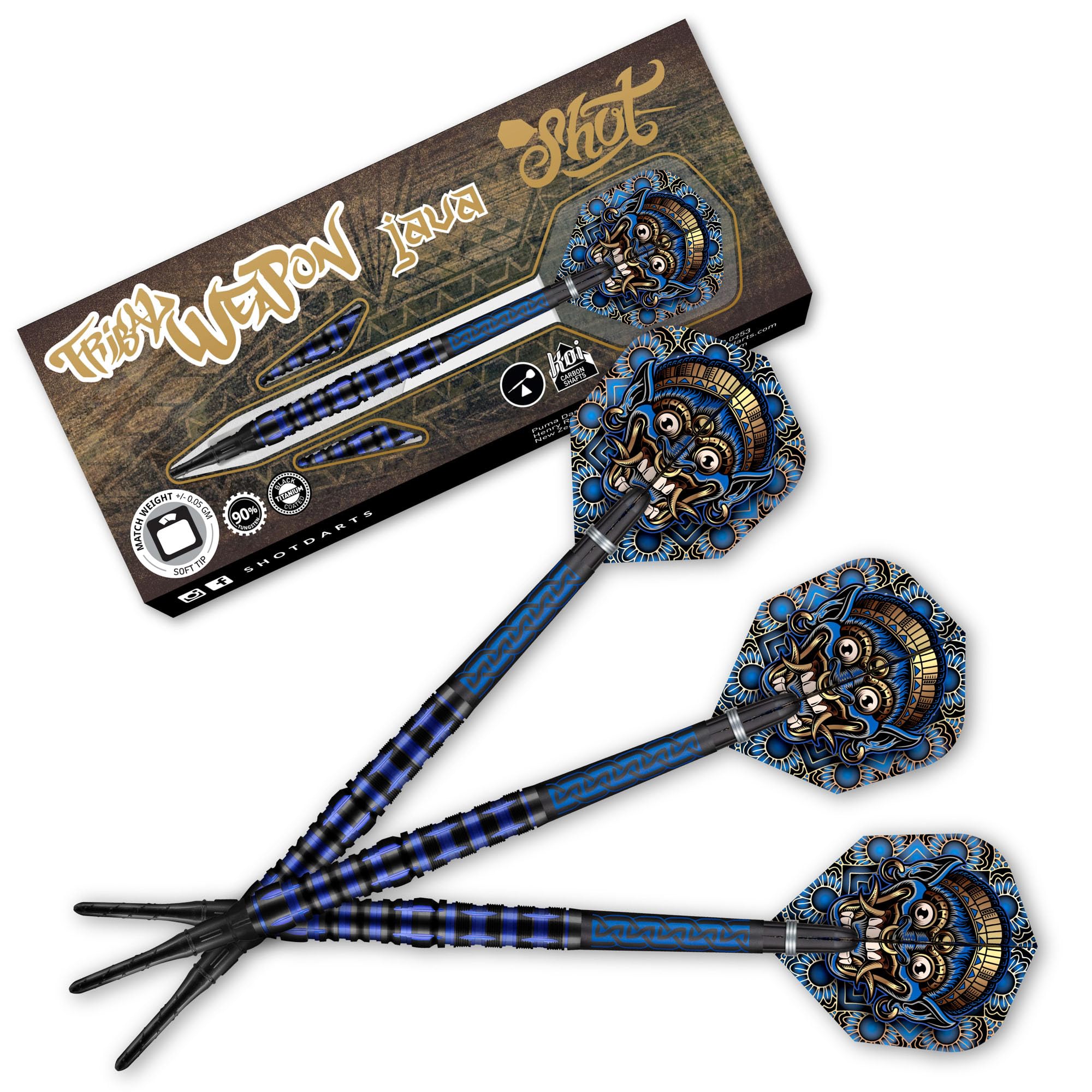 Shot! Darts Tribal Weapon Java Soft Tip Dart Set-90% Tungsten Barrels, Professional – Made in New Zealand – Designed Dart Flights for Women & Men – Metal Tip Bar Darts for Adults