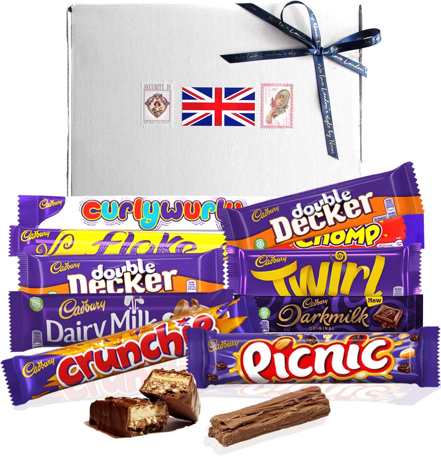 CADBURY Chocolate | Selection Box of 10 British Chocolate Bars. All carefully packed in a gift box with British flag and blue navy ribbon.