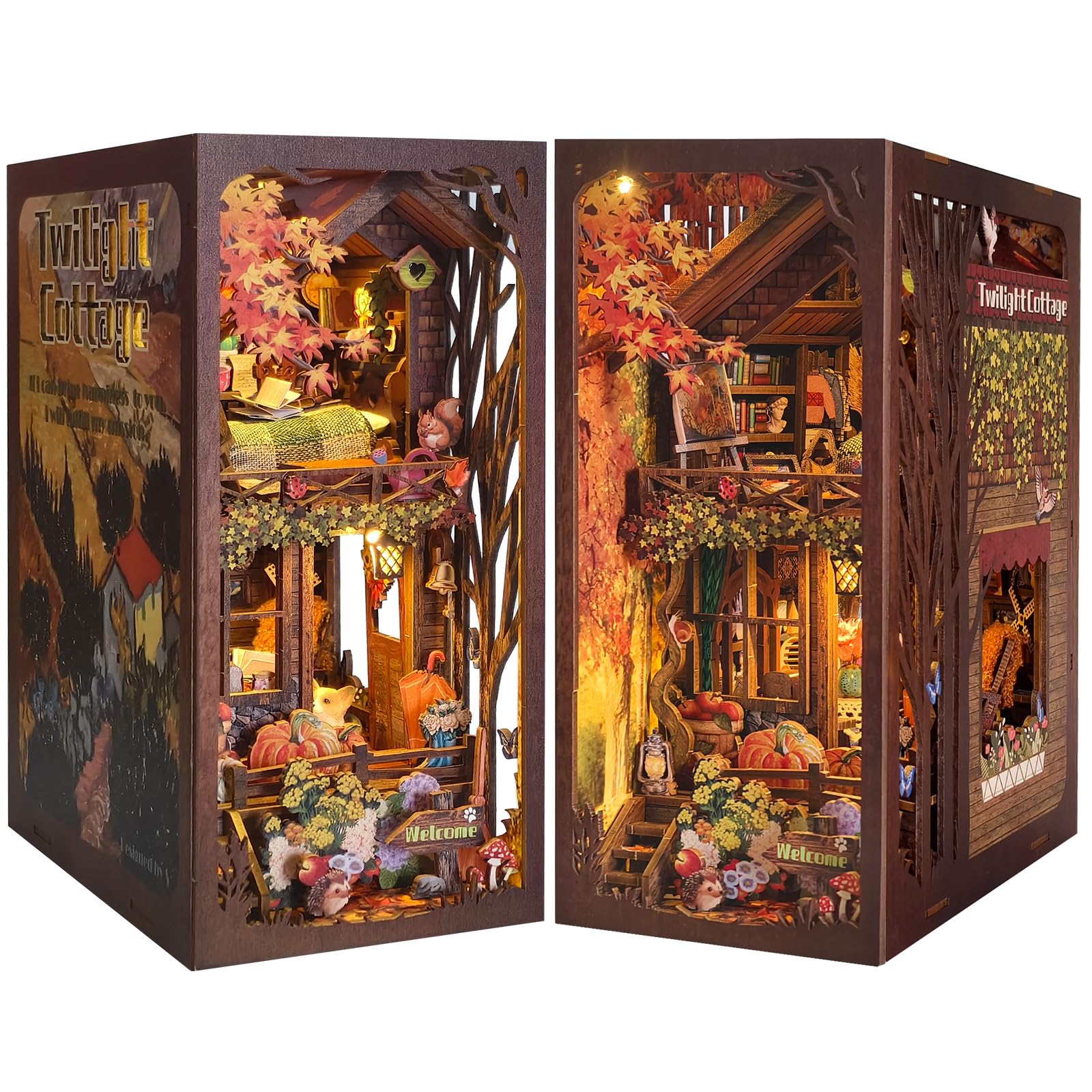 ETKVR Book Nook Kit, Book Nook Kits for Adults DIY Booknook Model Build, DIY 3D Wooden Puzzle Bookend Booknook Bookshelf Insert Miniature Dollhouse Kit for Home Decoration - Twilight Cottage