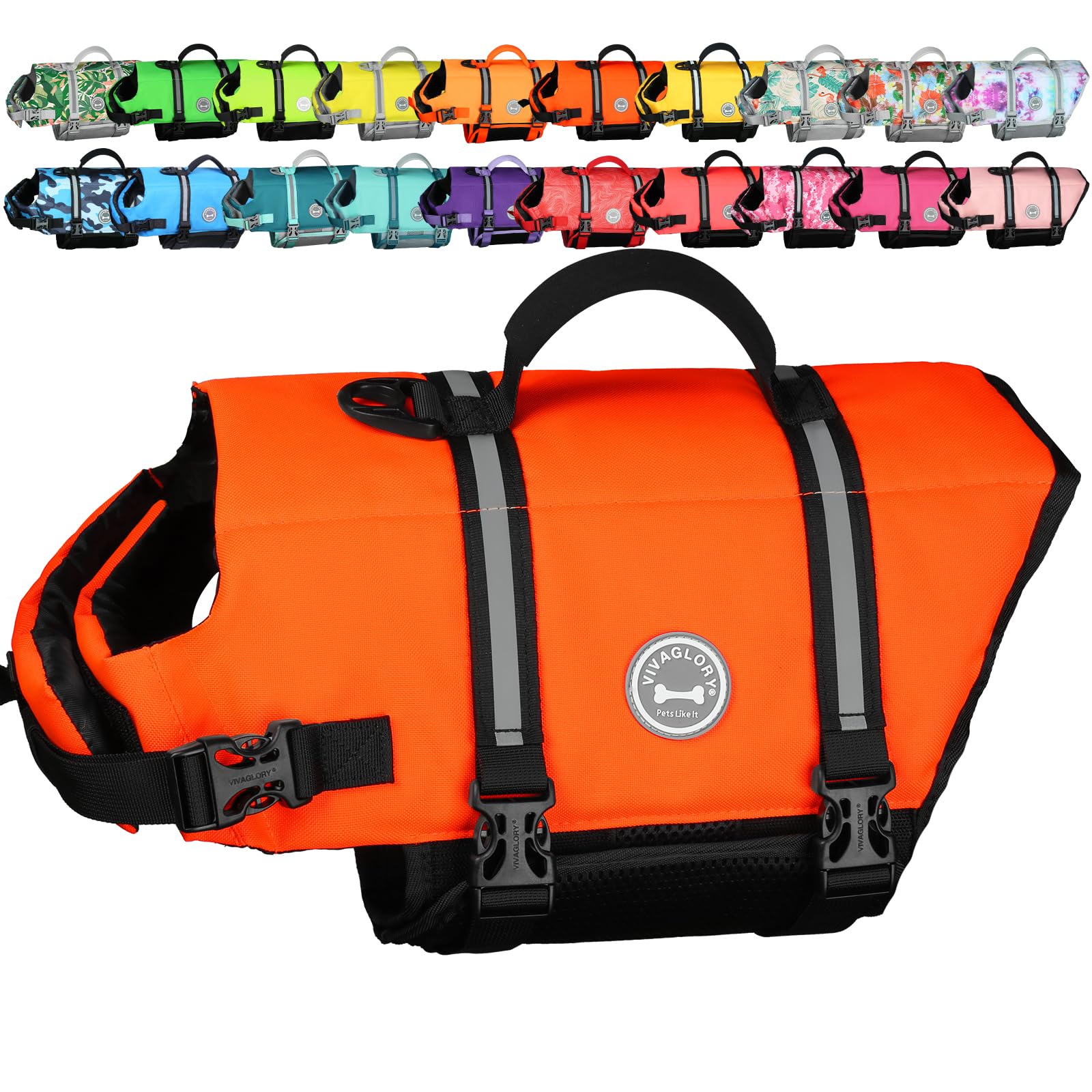 VIVAGLORY Rip Stop Dog Life Vest, Swimming Vest with Handle, Buoyancy for Doggy Puppy, Dog Life Jacket for Swimming & Boating, L, Bright Orange