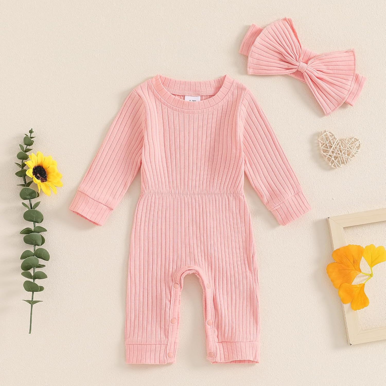 Winioder Newborn Baby Girl Fall Clothes Ribbed Long Sleeve Romper Jumpsuit with Headband Infant 2Pcs Coming Home Outfit - Image 2