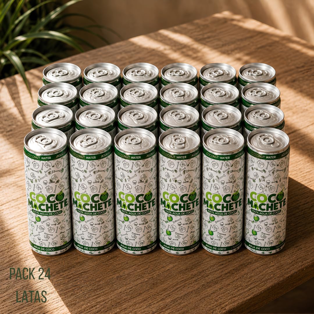 Coco Machete® Agua de Coco Natural 100% | Pack 24 Latas x 310 ml | Agua Coco Sin Azúcares Añadidos ni Conservantes | Hidratación Natural | Bebida de Coco Refrescante