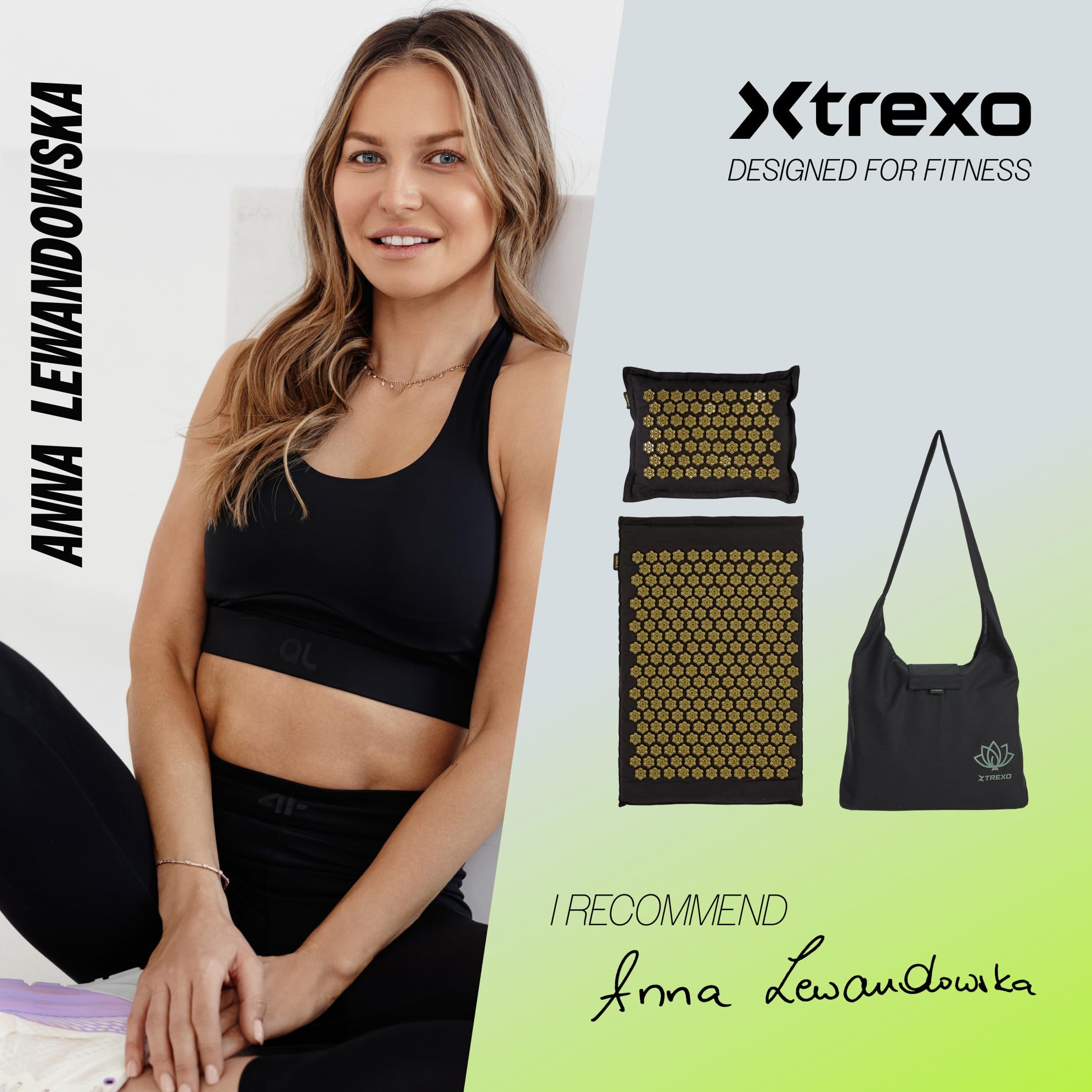XTREXO Eco mata do akupresury z poduszką 40 x 30 cm w kolorze czarnym z rozmiarem maty 68 x 44 x 2 cm, z lnu i PCW, mata akupunkturowa, redukuje napięcia, wspomaga sen