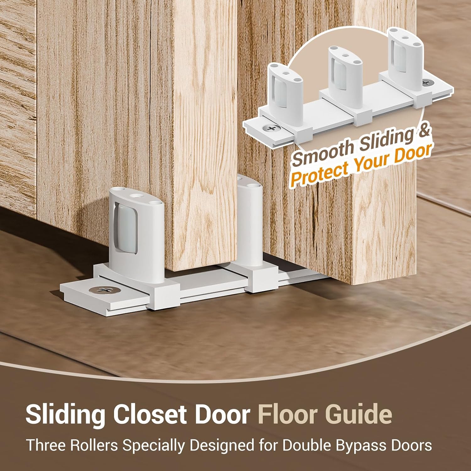 CCJH Sliding Closet Door Floor Guide, Bypass Sliding Door Bottom Guide for Double Bypass Doors, Update Adjustable 3-Roller Design White