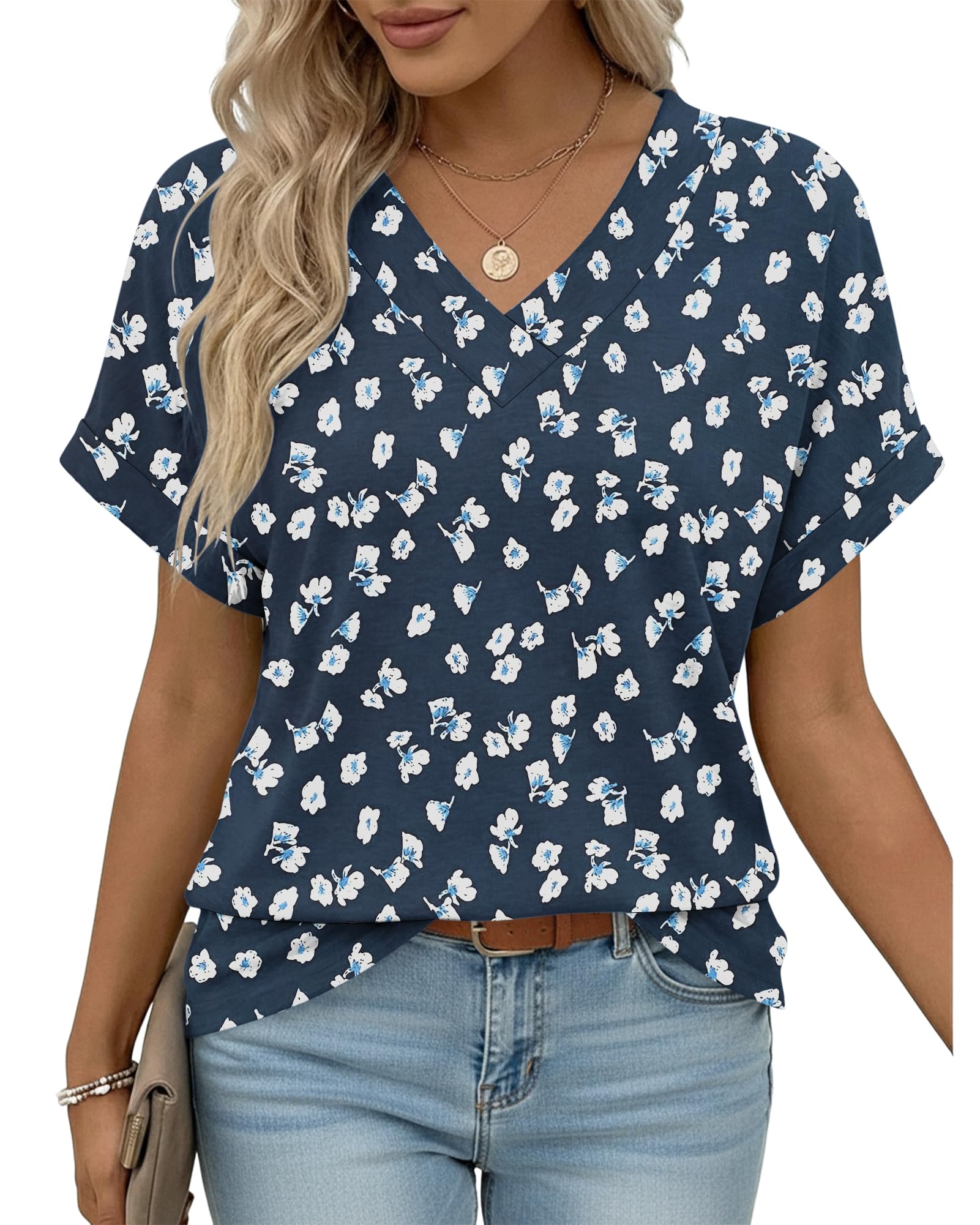 PLOKNRD Damen Lockere Passform V-Ausschnitt T-Shirt mit Rollärmeln Sommer Casual Tops Kurzarm Oberteile