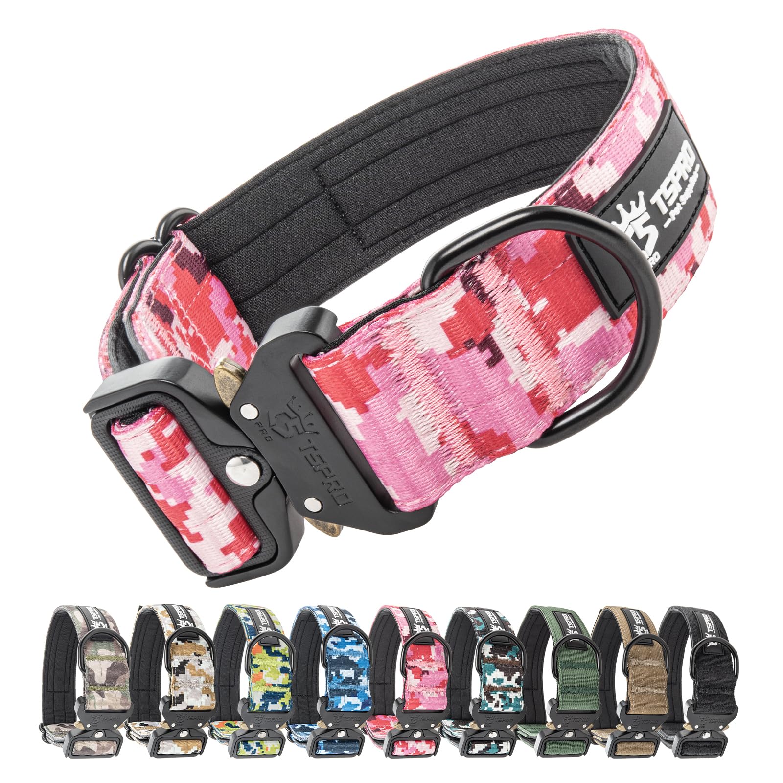 TSPRO Premium Dog Collars Tactical Dog Collar with Patch and Heavy Duty Quick-Release Metal Buckle Durable Thick and Adjustable for Medium to Large Dogs (Camo Pink L)