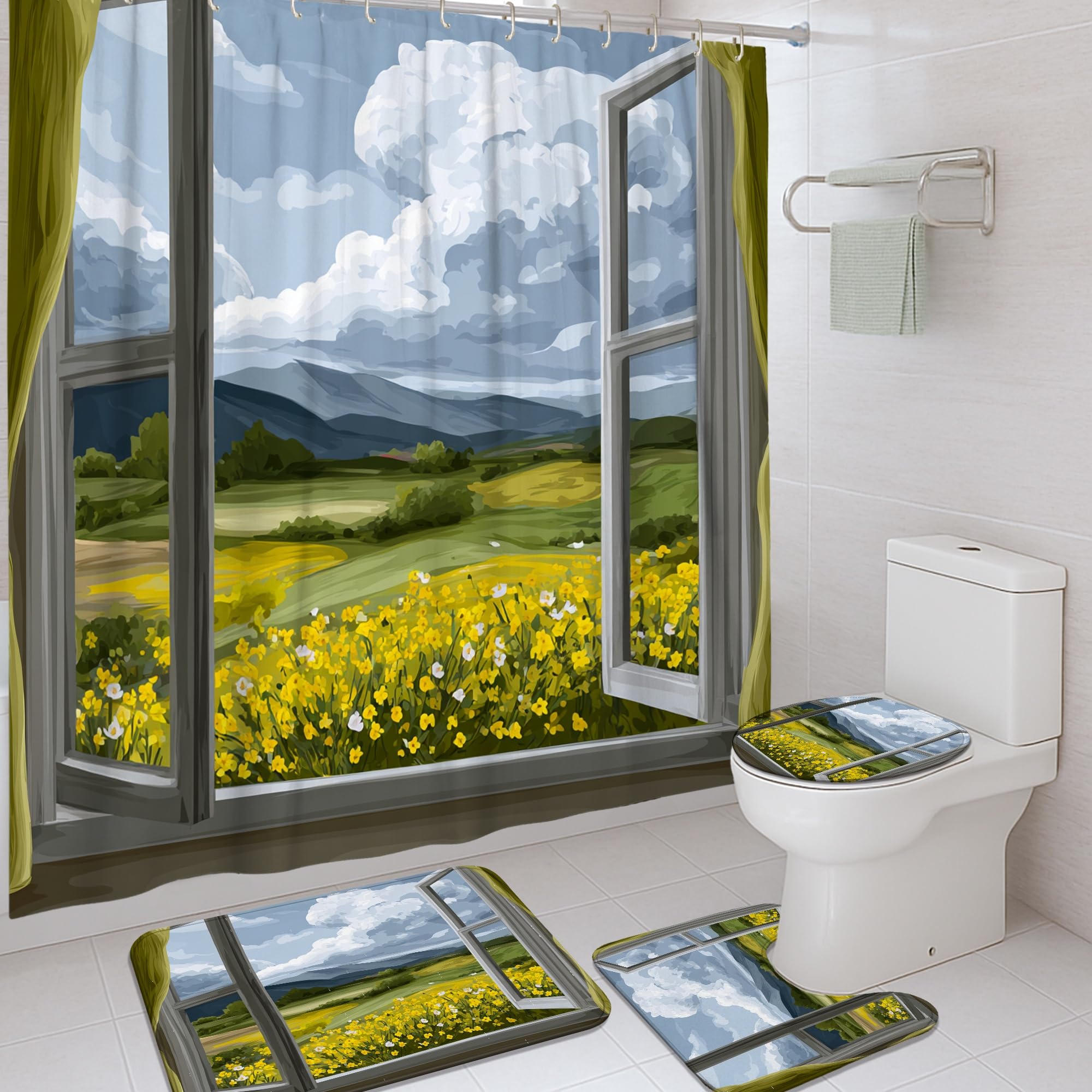 Rideau de douche imperméable jaune anti-éclaboussures avec tapis de bain