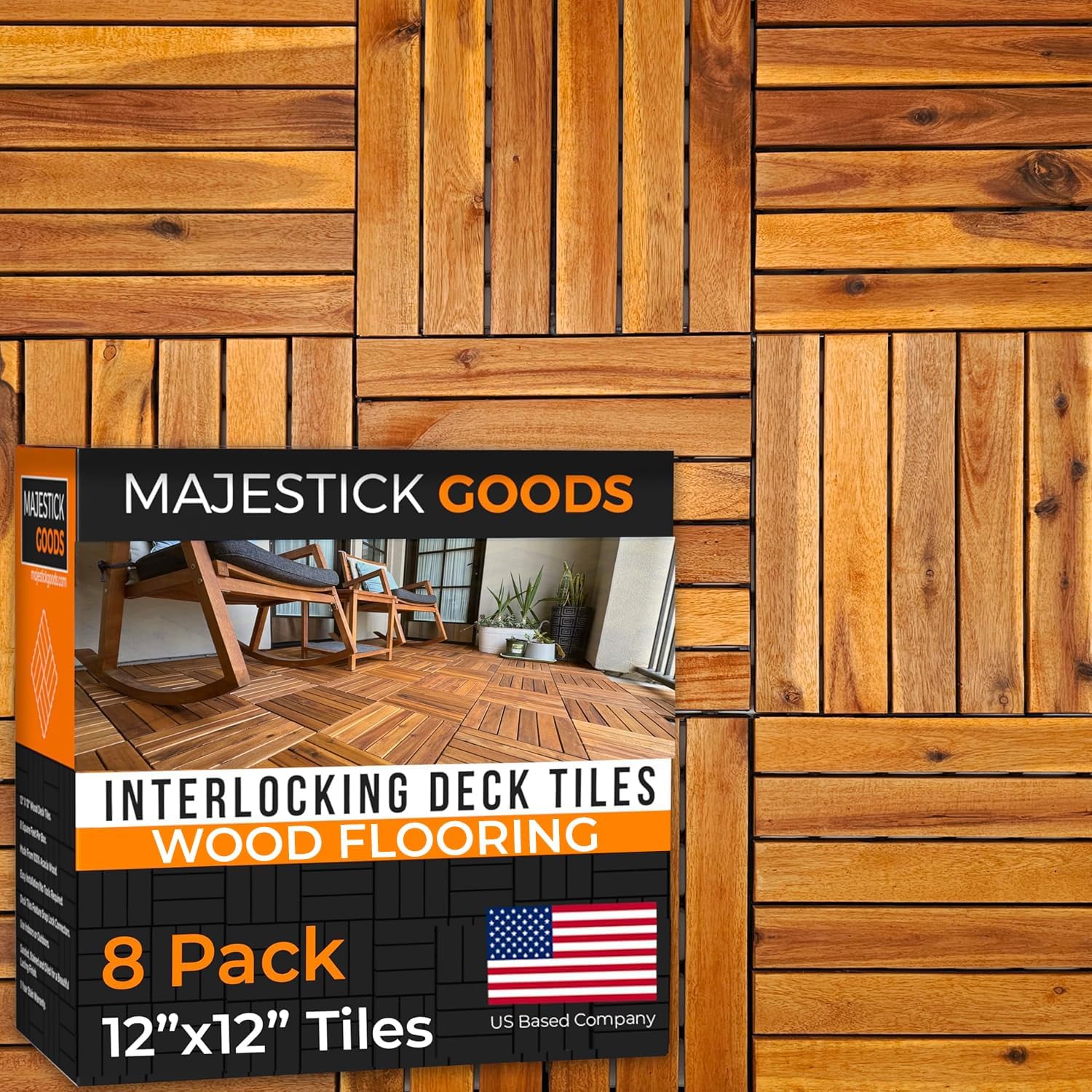 Interlocking Deck Tiles 8 Pack - Snap Together Wood Flooring | 12 x 12 Acacia Hardwood Outdoor Flooring for Patio | Click Floor Decking Tile Outdoors Balcony Flooring, Wooden Parquet Flooring