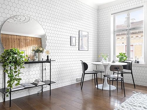 Vista 14 de Papel tapiz hexagonal geométrico para despegar y pegar, papel tapiz moderno, 17.3 x 78.7 pulgadas, rollo decorativo impermeable para cajones beige