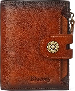 Blucoay Wallet Women,RFID Blocking Leather Womens Wallet Bifold Compact Card Holder Small Wallet for Women with Removable ID Window Brown