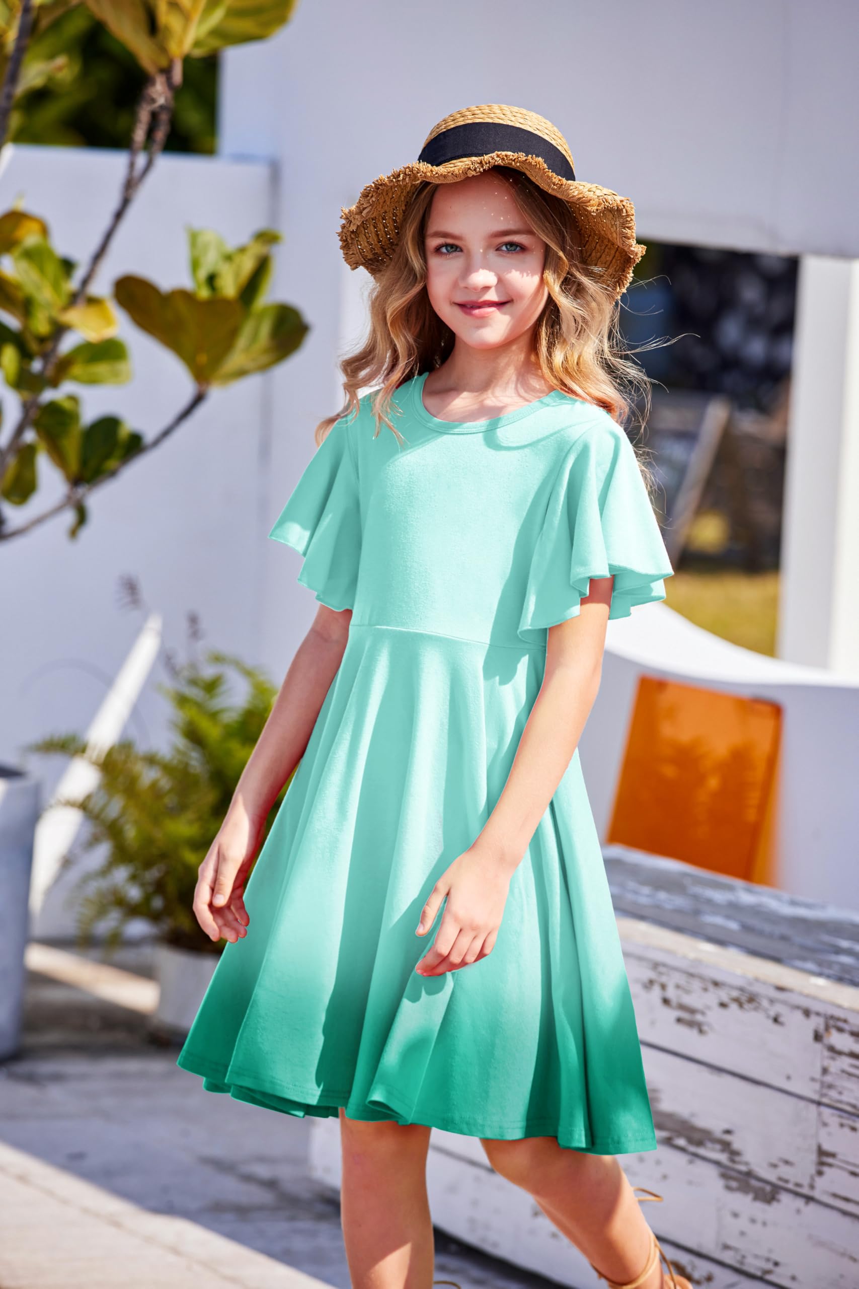 Arshiner Sommerkleid Mädchen Kinder Kleid mit Flügelärmeln und Taschen A-Linie Skaterkleid Rundhals Weiches Baumwollkleid Partykleid für Alltag und Schule, 5-13 Jahre