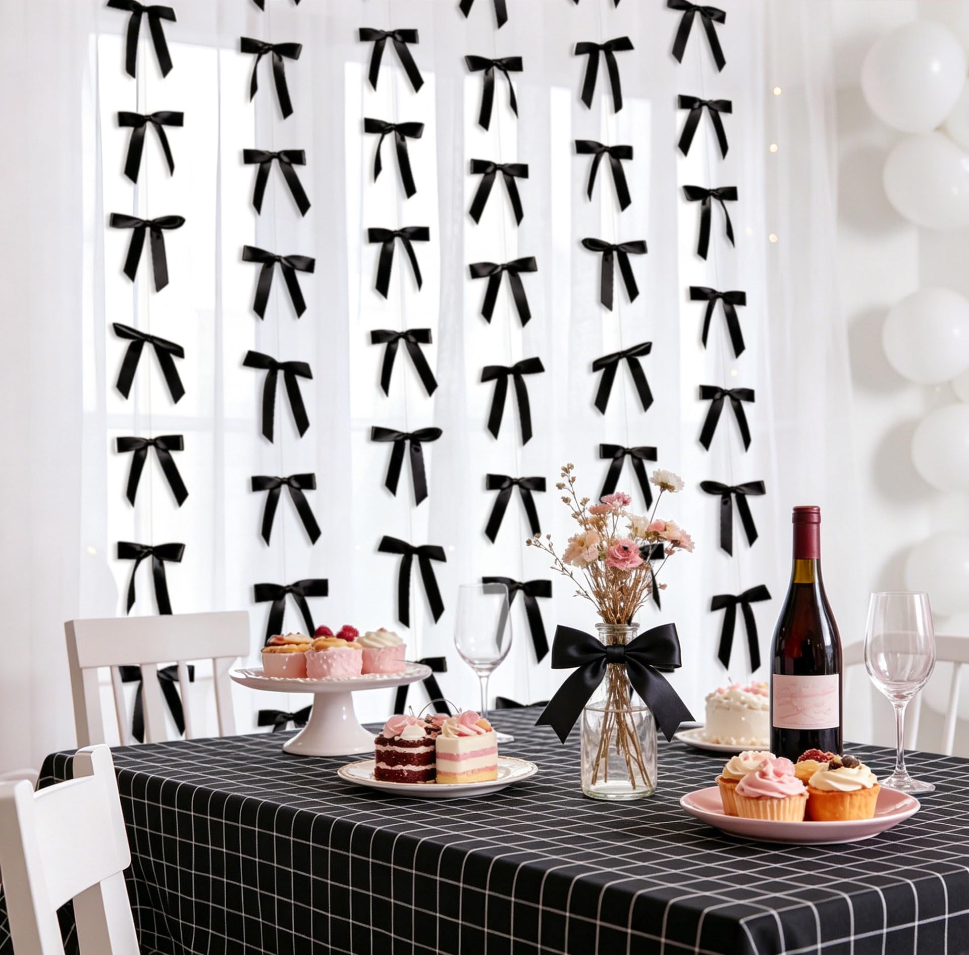 6 PCS Black Bow Garland Banner Coquette Ribbon Party Decorations for Birthday Bridal Shower Wedding Engagement Baby Shower Supplies