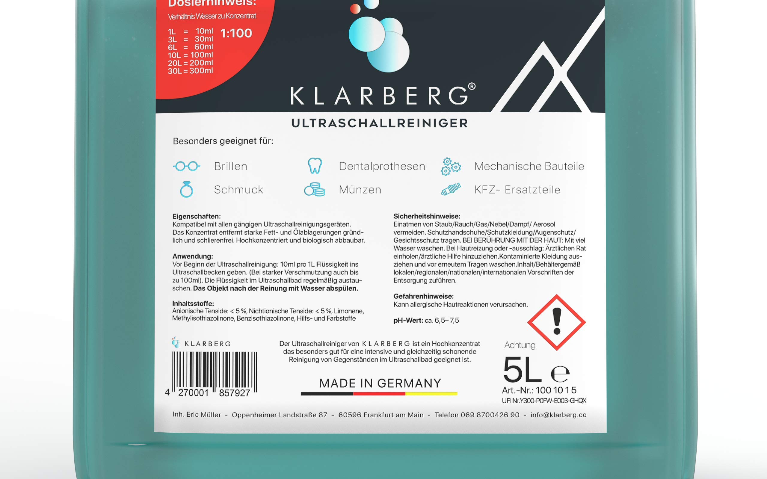 KLARBERG® Ultraschallreiniger Konzentrat (5L) 1:100 Reinigungsmittel für Ultraschallgeräte - Brillenreiniger, Schmuckreiniger, Vergaser und Silber Reiniger für Ultraschallgerät | Hochkonzentrierte Reinigungslösung. Löst Fett und Öl schonend in deinem Ultr