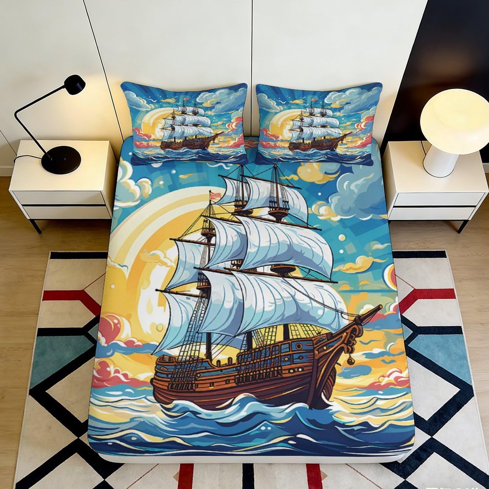 3D Printed Vintage Sailing Ship Fitted Sheet Microfiber Colourful Ocean Sunset Mattress Cover Bedroom Decor 90x200x25cm