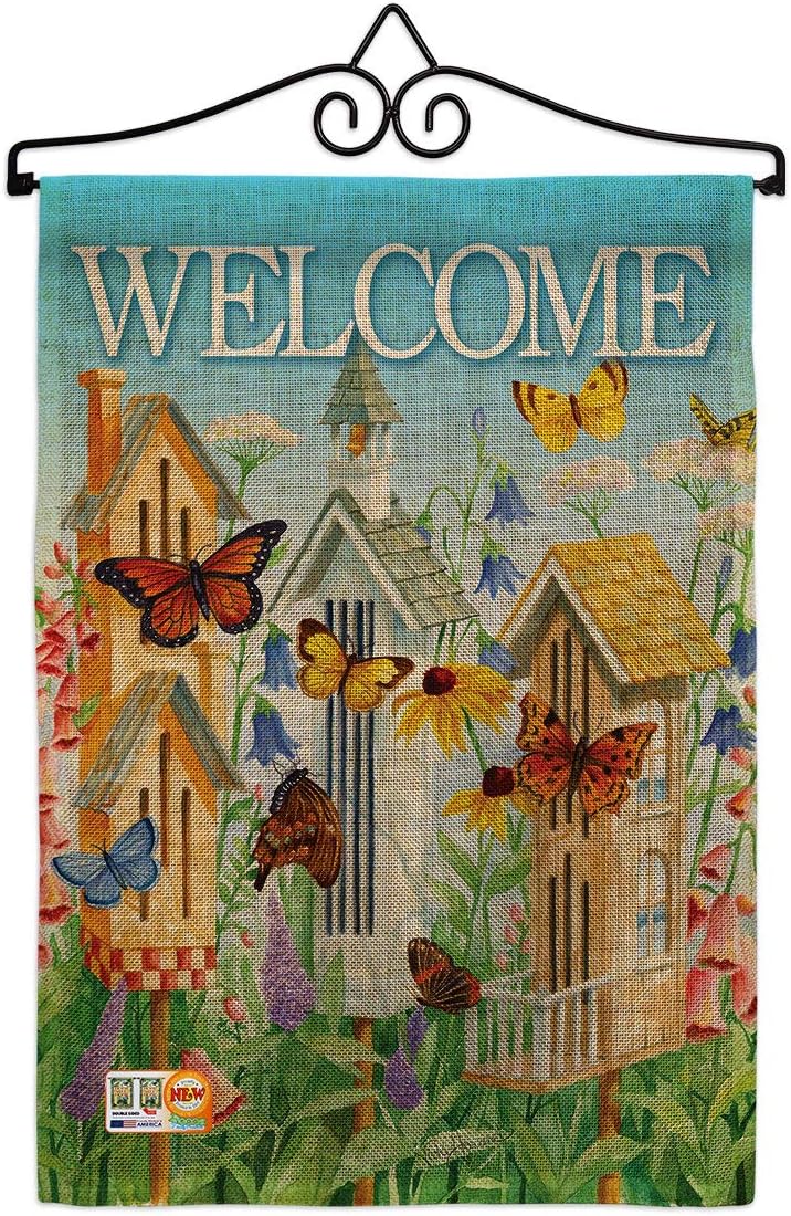 Welcome Butterfly Houses Burlap Garden Flag Friends Ladybugs Dragonfly Bee Springtime Insect Natural Wildlife Small Decorative Gift Yard House Banner Double-Sided Made In USA 13 X 18.5