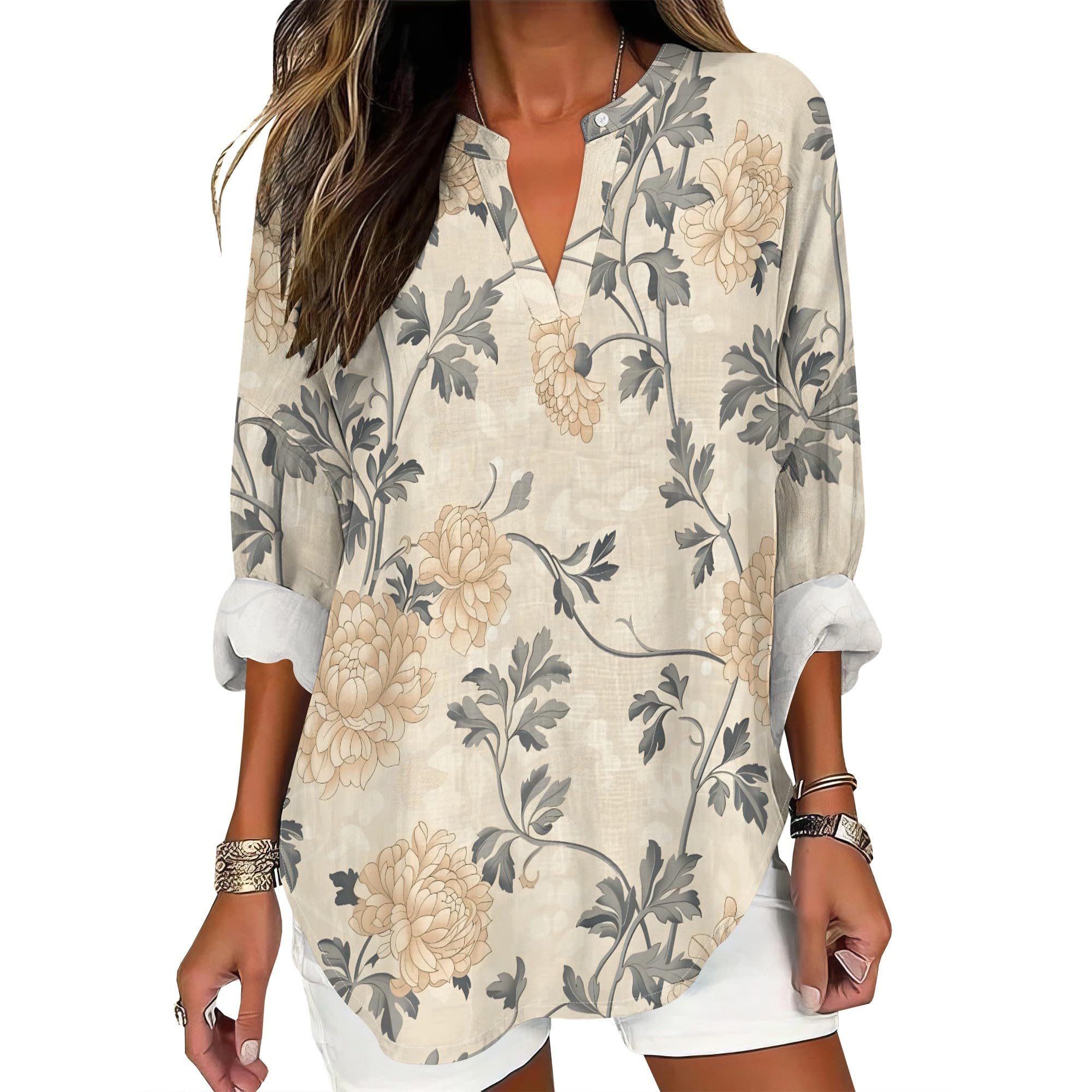 Plus Size Boho Tops for Women Roll Up Long Sleeve V Neck Loose Fit Blouses Casual Floral Print Soft Flowy Spring Tees