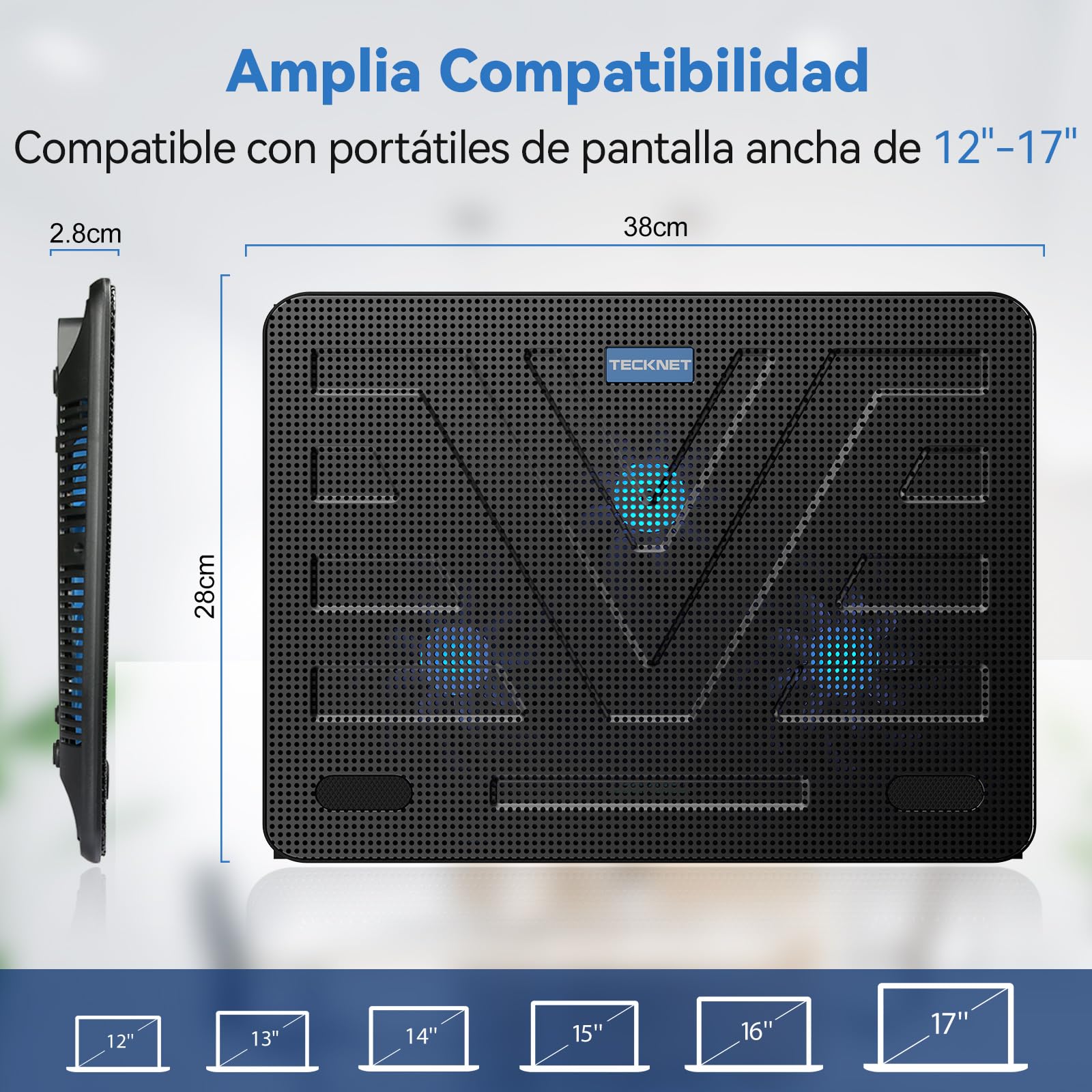 TeckNet Base Refrigeradora Portatil, Alimentado por USB, con 2 Puertos USB y Ventilador para Portátil, Incluye 3x118mm Ventiladores Silenciosos, Adecuado para Portátiles de 12-17 Pulgadas