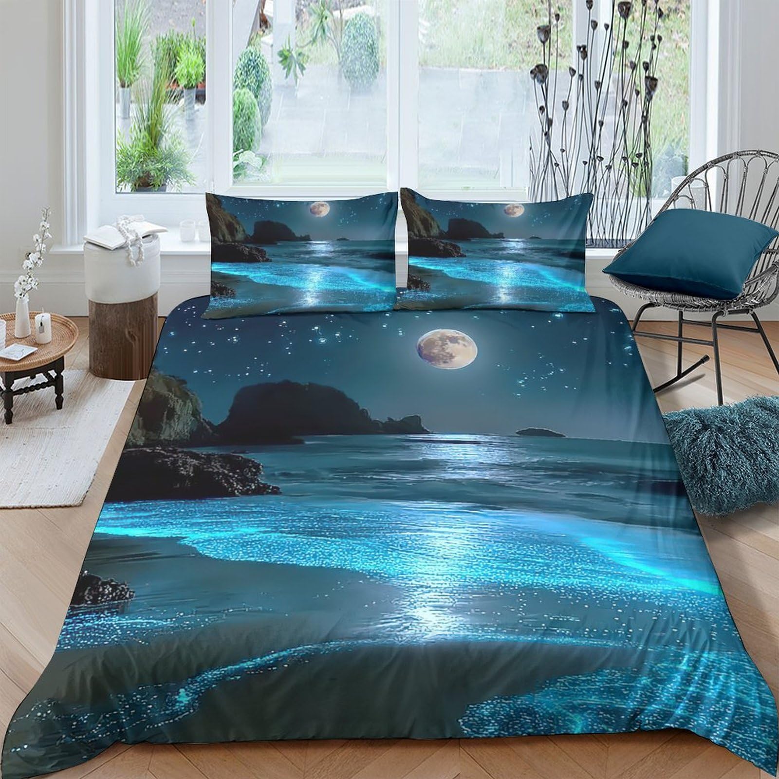 Ctjqhvkz Style-7 3D Printed Moonlit Ocean Fitted Sheet Microfiber Slip-Resistant Mattress Cover For Bedroom Guest Room Bed Decor Single（135X200cm）
