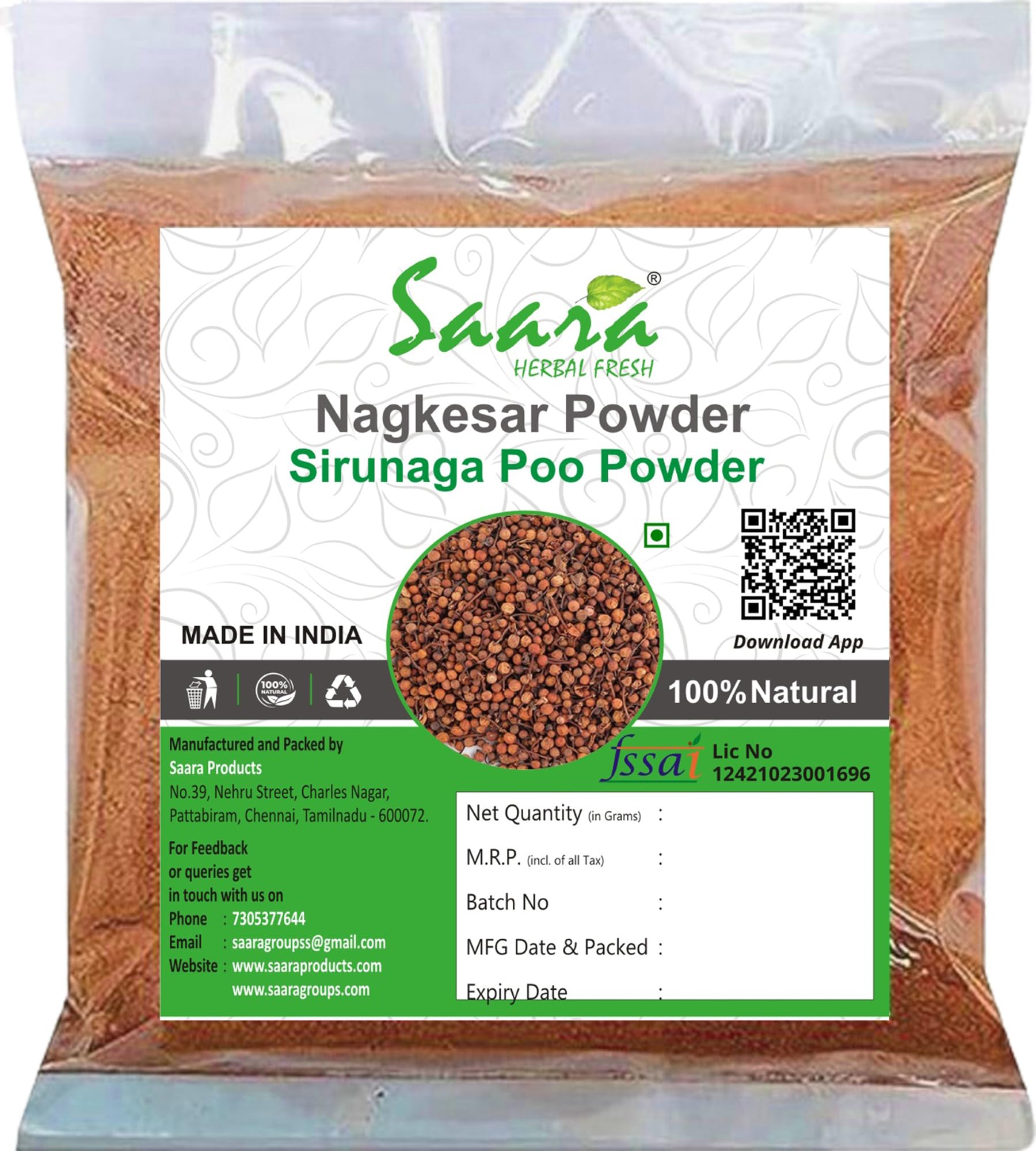Saara HERBAL FRESH Nagkesar Powder, 150g, Nagakesara, Sirunagapoo, Saffron Nagarsara, Mesua Ferrea, Nag champa Phool Powder,150g (B0D1K4WJHG) Amazon Price History, Amazon Price Tracker