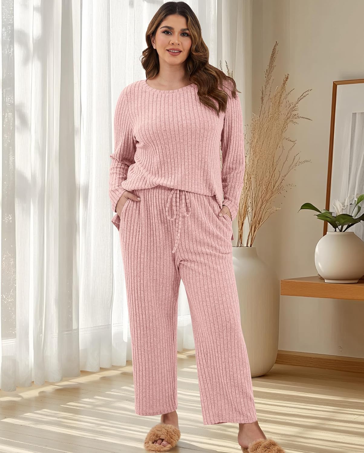 Womens Plus Size Lounge Pajamas 2 Piece Pj Sets Soft Long Sleeve Ribbed Tops Wide Leg Pants with Pockets - Image 4