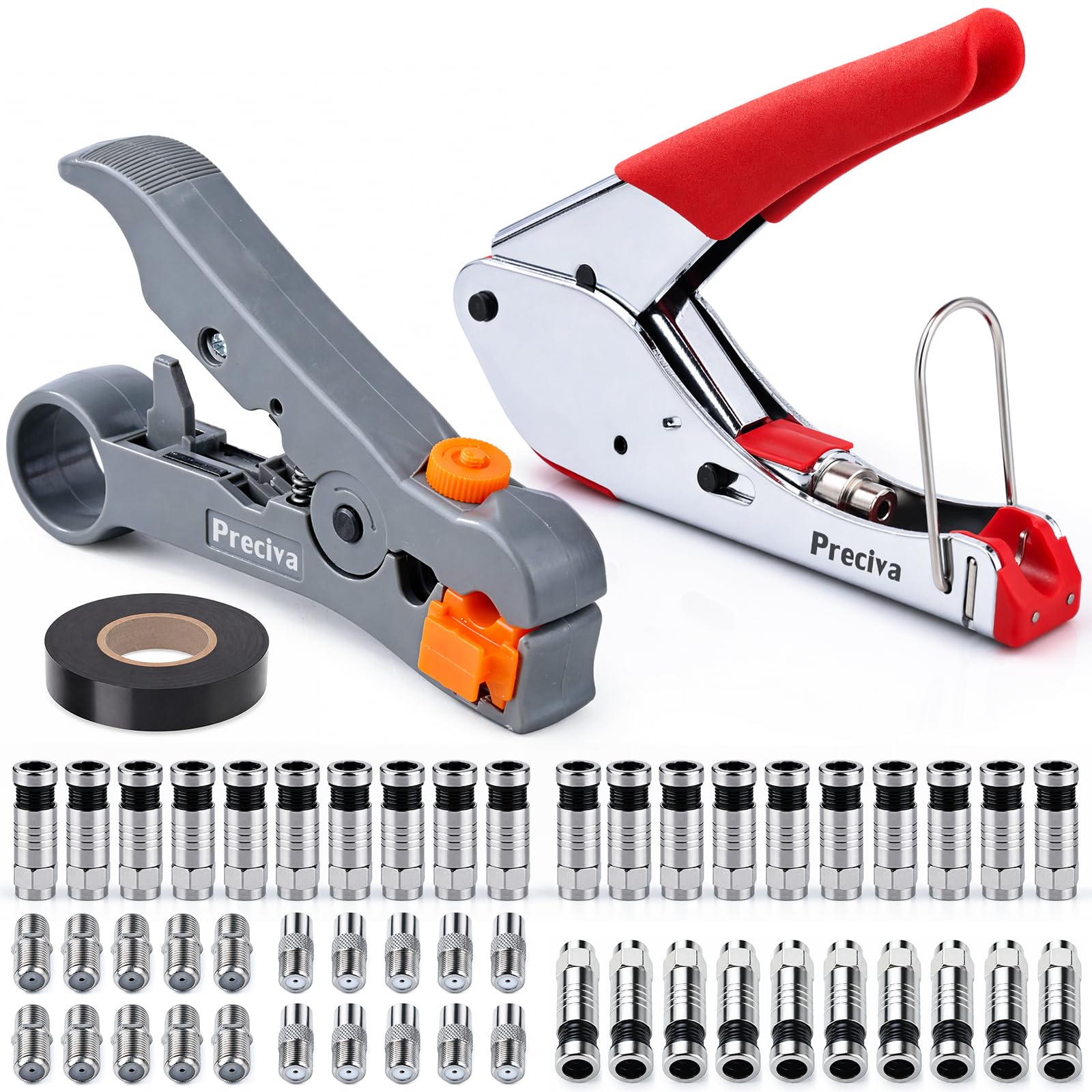 Preciva Koaxial Abisolier- & Crimpwerkzeug Set 53-teilig | Rotations-Abisolierer + Ratschen-Crimpzange für RG6 RG59 | inkl. 30 F-Kompressionsstecker + 20 Adapter | für SAT CATV CCTV Breitband