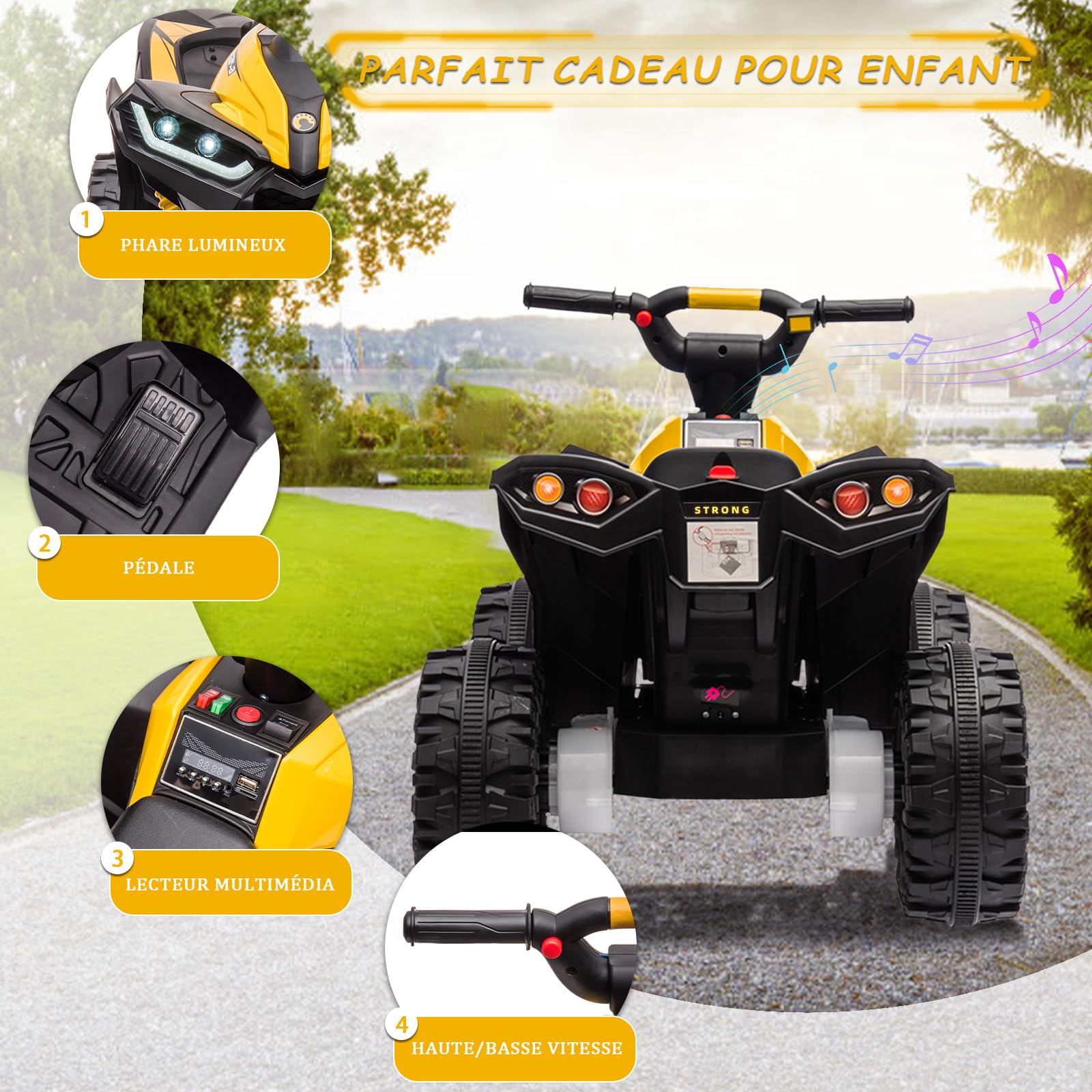 12V Quad elettrico per bambini, auto elettrica per bambini ATV con musica, clacson, faro LED, 83 x 53 x 56 cm, per bambini 3-8 anni (Giallo)