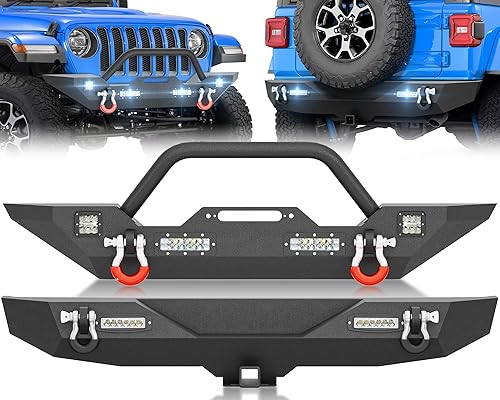 Combo de parachoques delantero y trasero todoterreno compatible con Jeep Wrangler JL JLU Unlimited 2018-2025 (2/4 puertas) equipado con placa de