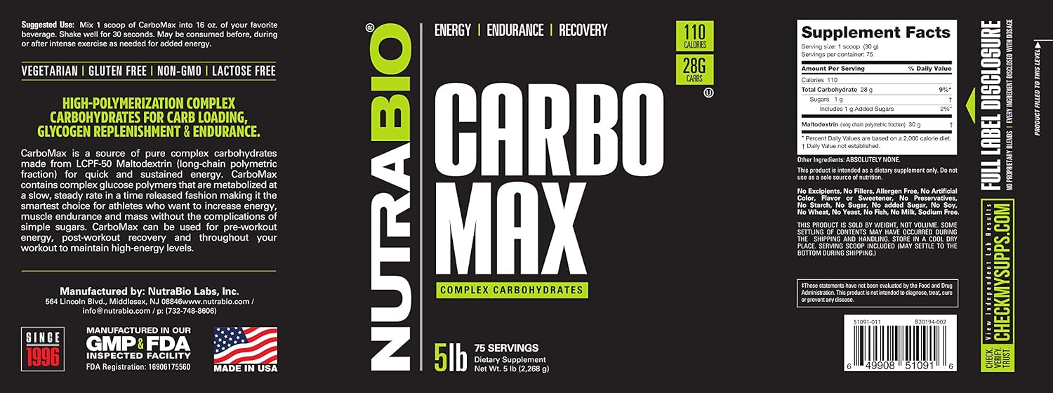 NutraBio CarboMax Maltodextrin - Complex Carbohydrate Powder for Sustained Energy - Calorie Rich for Muscle and Weight Gain - Unflavored - 5 Pounds, 75 Servings