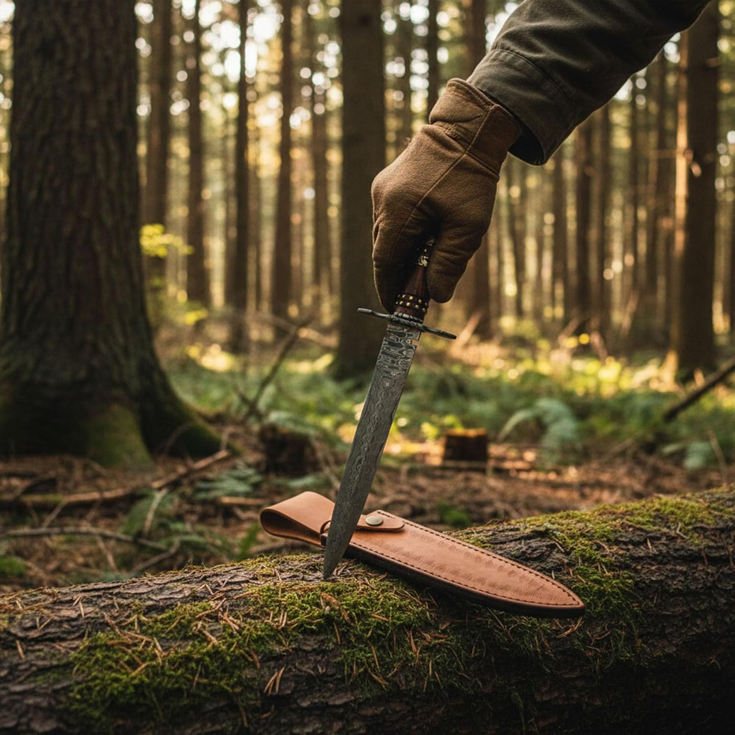 SANZ Damascus Handmade 15" Knife – Full Tang Fixed Blade with Filework, Wood Handle, Full Tang Guard & Pommel – Collectible Hunting Knife with Leather Sheath